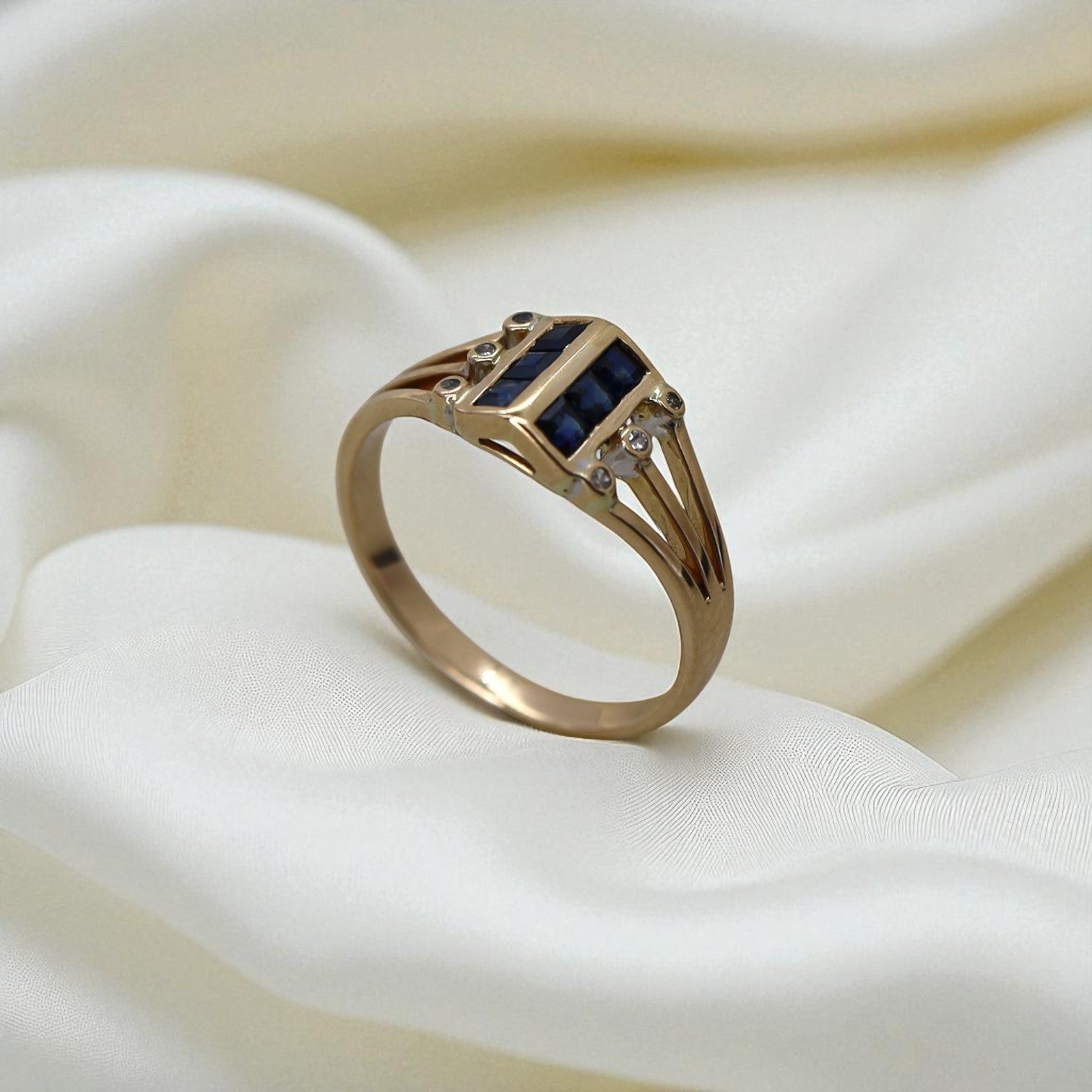 14k Gold 1960s Modernist Sapphire & Diamond Ring - Petra Star