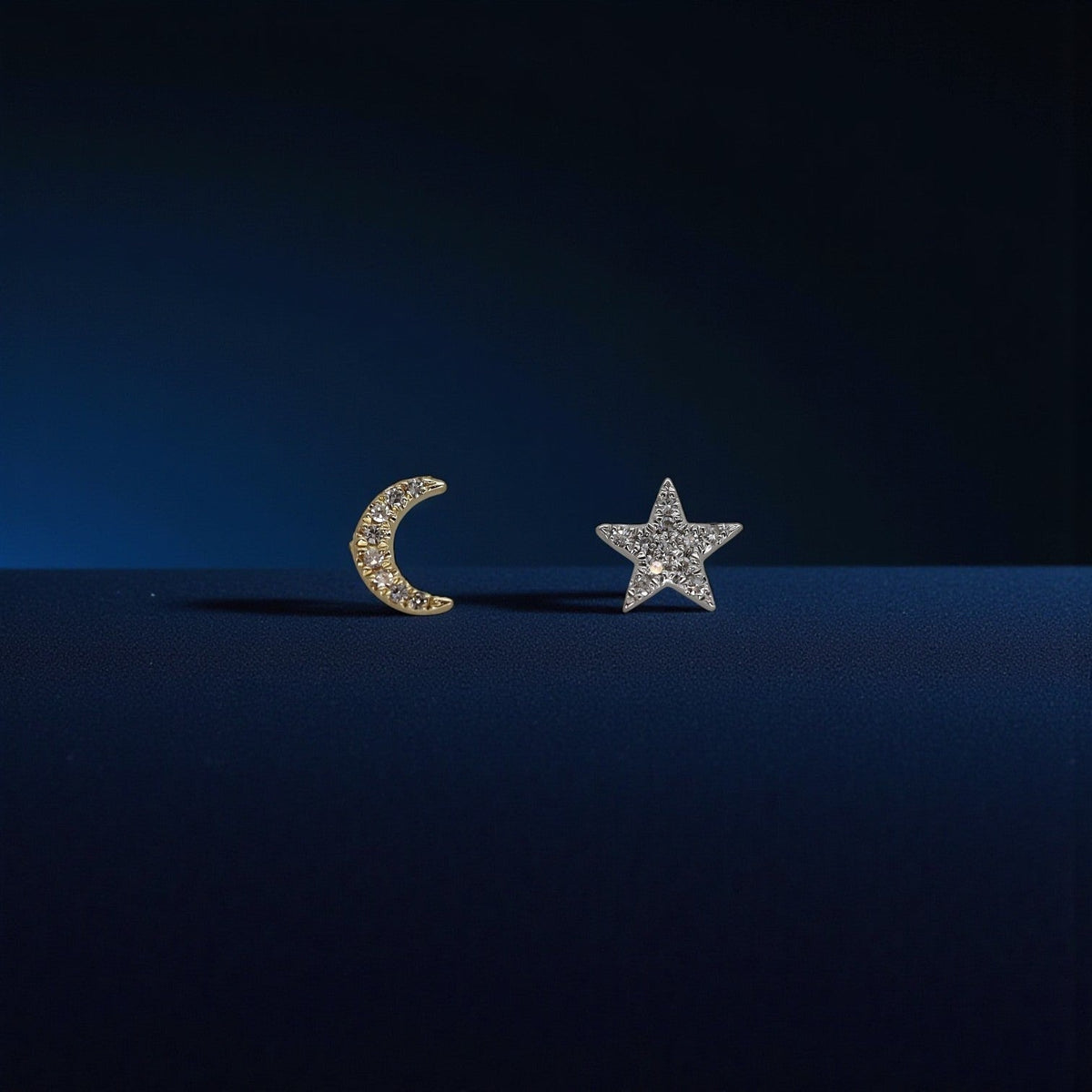 14k Gold Diamond Stud Earring—Crescent Moon or Star (Sold As Singles) - Petra Star