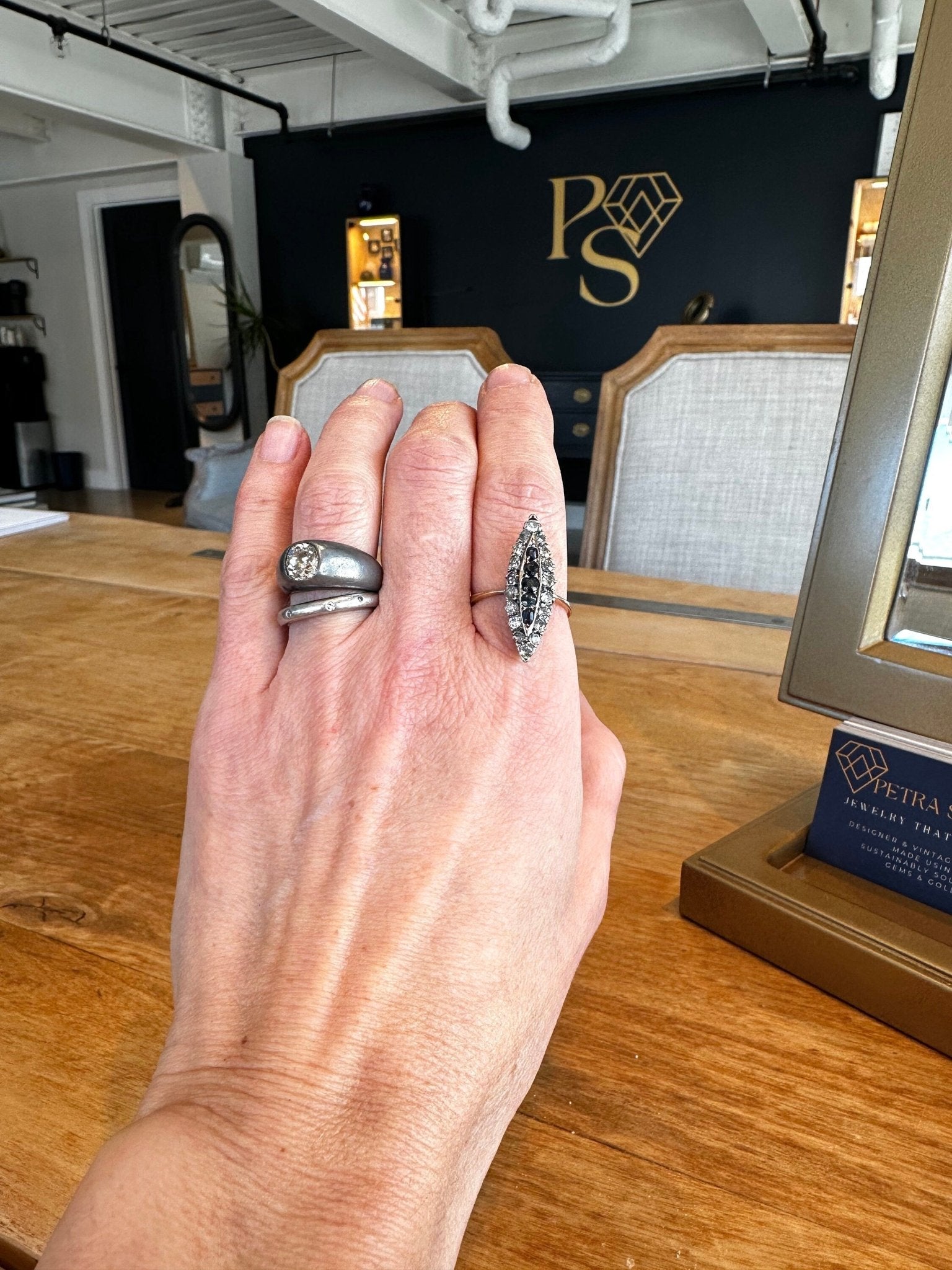 14k Gold Victorian Sapphire & Diamond Navette Ring - Petra Star