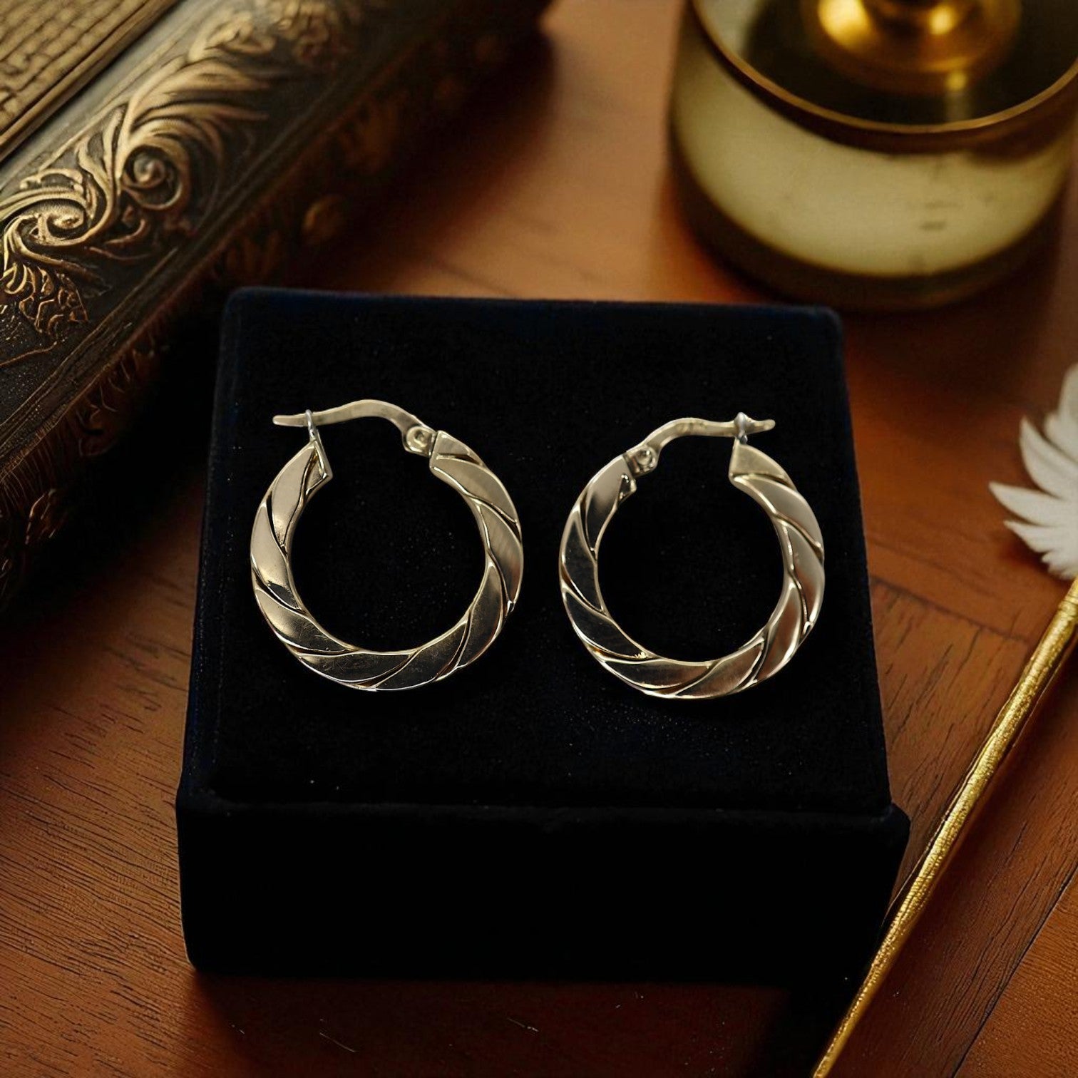 14k heavy gold flat rope hoop earrings with a bold, polished finish, showcasing classic jewelry design by The Vintage Vault.