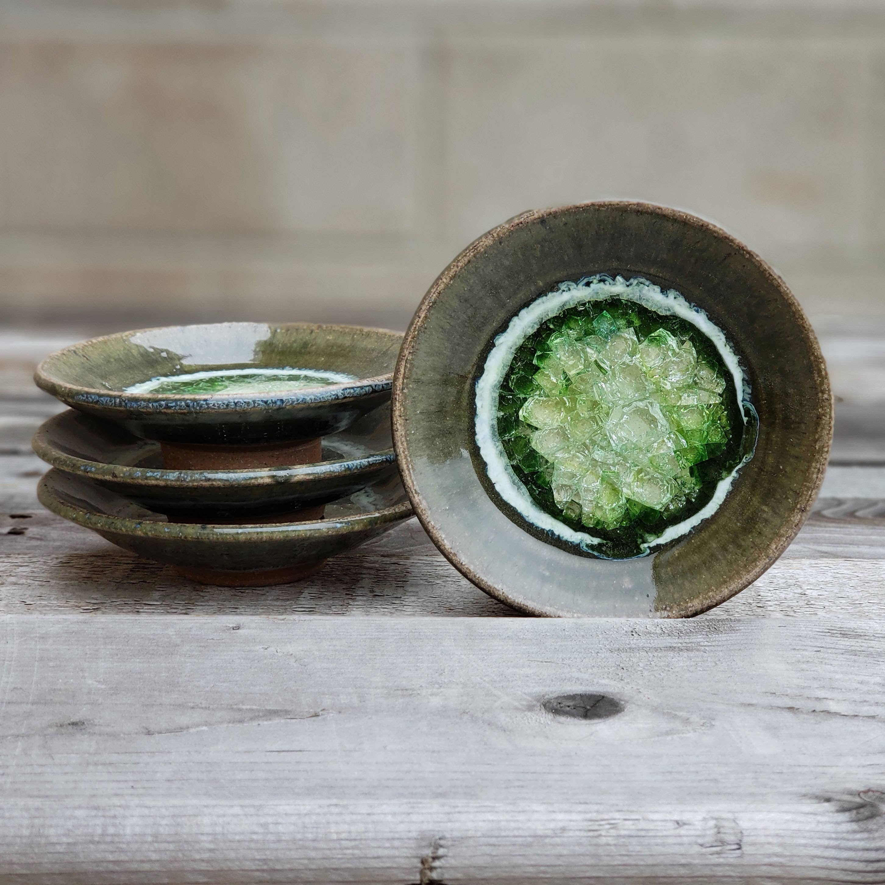 Handmade ceramic wasabi-dipping dish by Dock 6 Pottery, featuring a unique design and glazed finish for serving condiments.