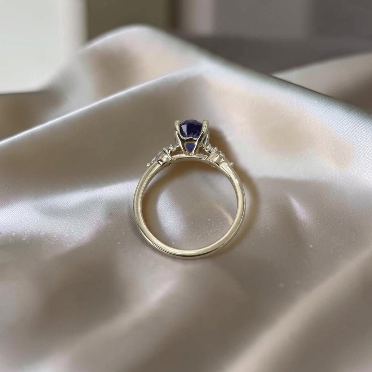 1.96 ct Oval Sapphire Engagement Ring in 14k Yellow Gold, Pear and Round Diamond Shoulders, Size 7 - Petra StarEngagement Ring