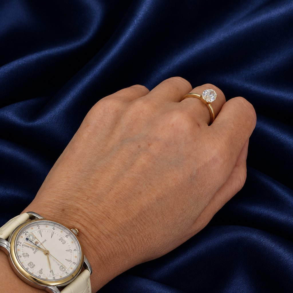 2.01 ct Oval Lab-Grown Diamond Solitaire Engagement Ring in 14k Yellow Gold, Partial Bezel, IGI, Size 7 - Petra StarEngagement Ring