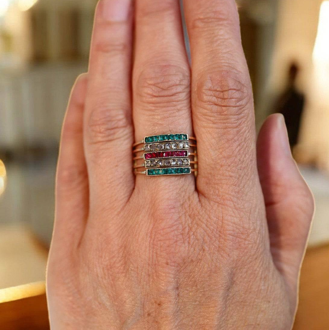 Victorian Harem ring in 14k yellow gold with diamonds, rubies, and emeralds, featuring intricate vintage jewelry design.