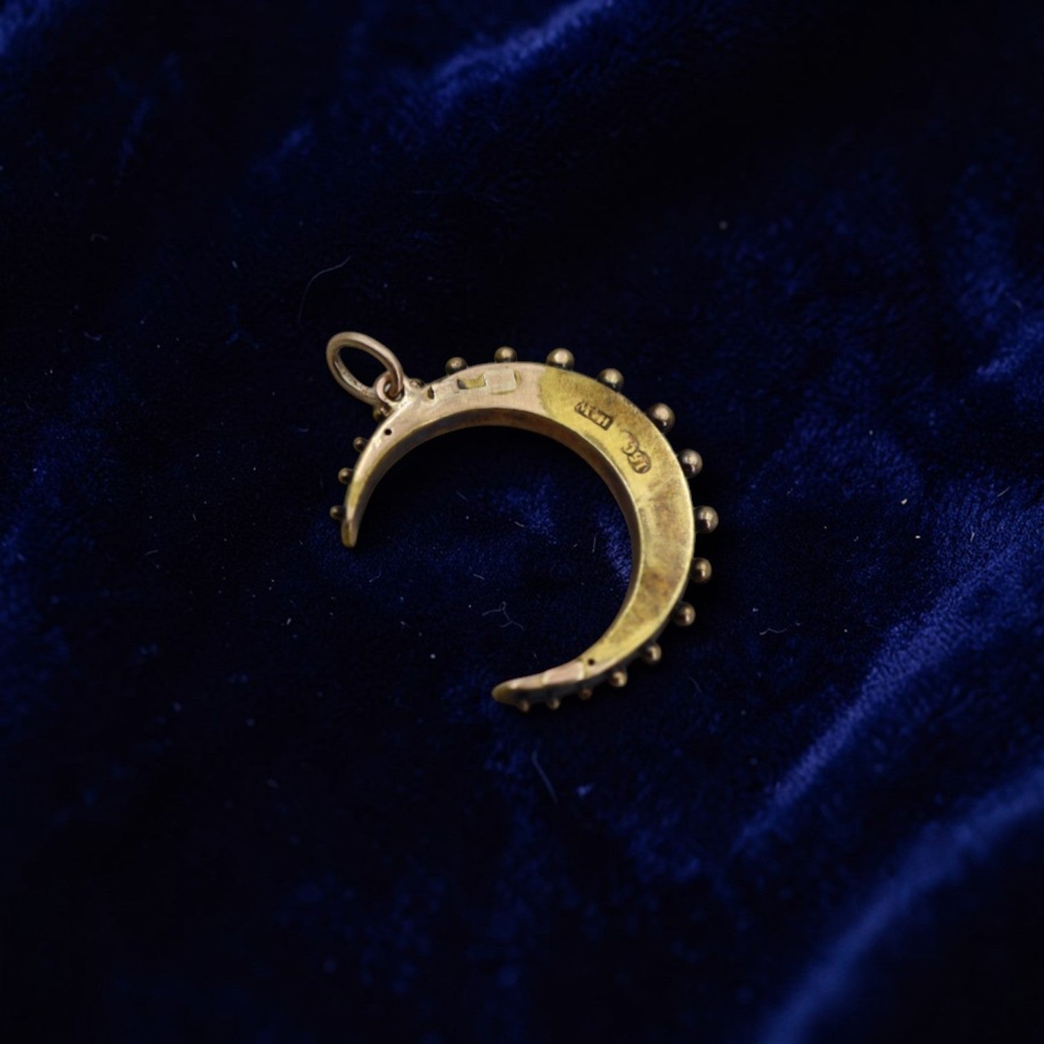 Antique Victorian Etruscan Revival crescent moon pendant in 15k gold with intricate design, crafted by Petra Star.