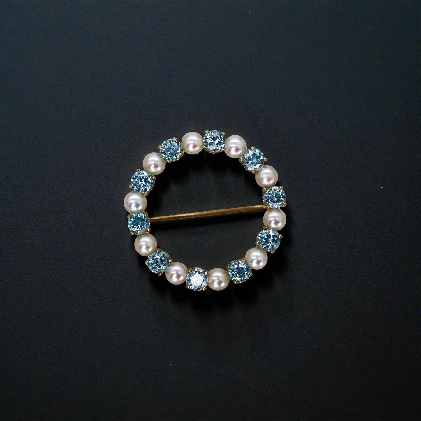 Blue Zircon & Pearl Circle Necklace 14k Gold – Vintage Brooch Conversion