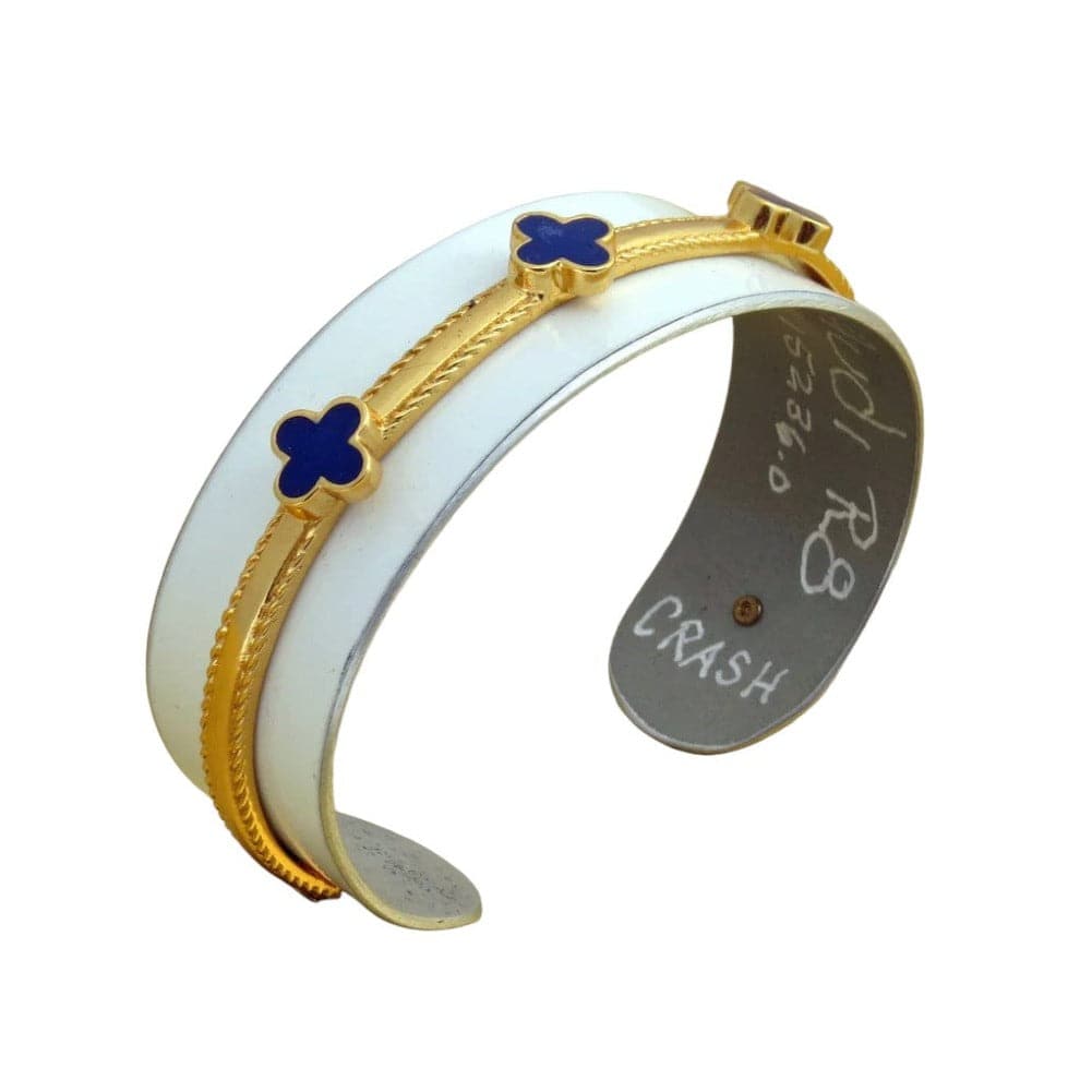 Silver Audi R8 Clover Cuff bracelet by CRASH Jewelry featuring a sleek R8 logo and a clover design on a stylish cuff.