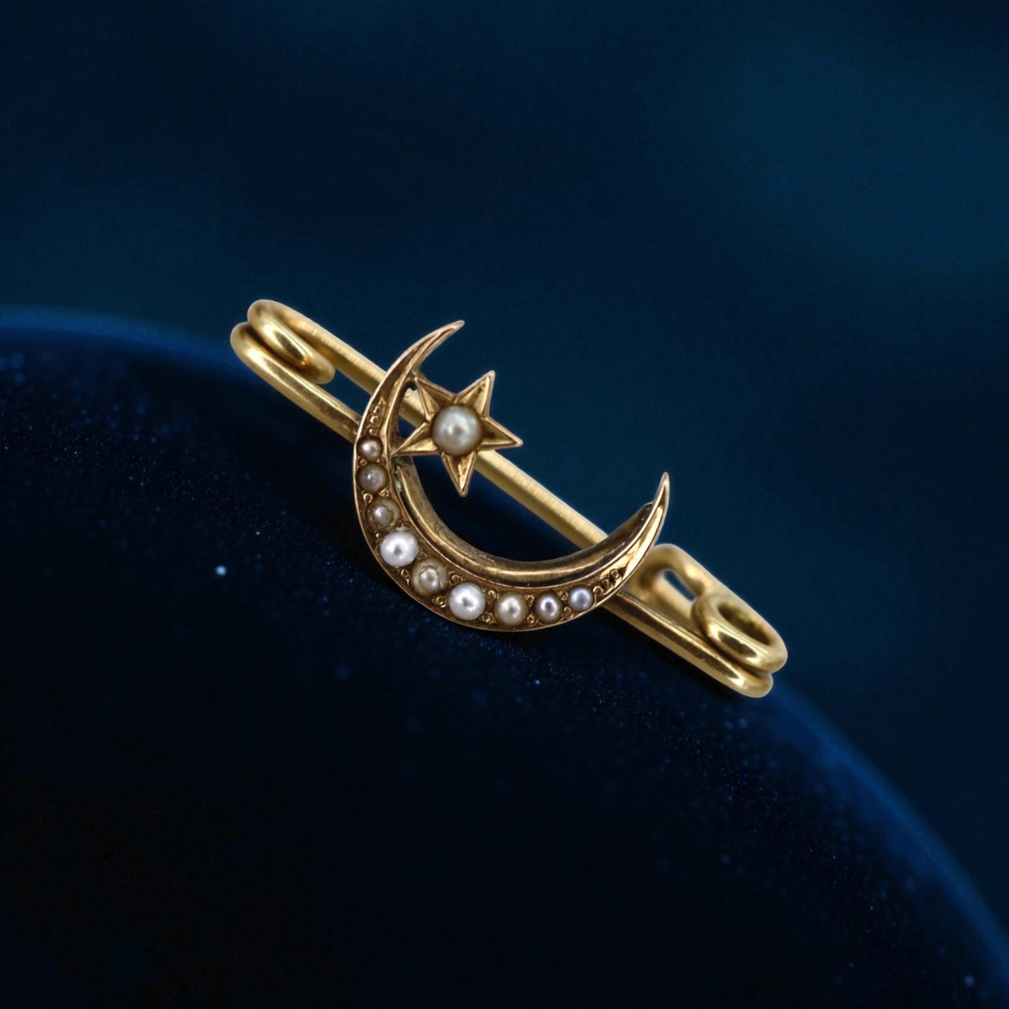 Antique Victorian Crescent Moon and Star Pendant – 14k Yellow Gold with Pearls