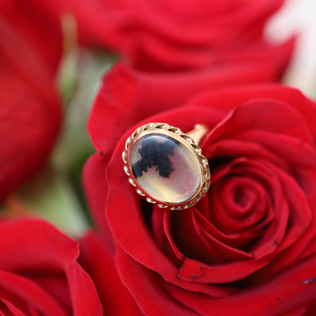 Art Nouveau Dendritic Picture Agate Moss Agate 14k gold ring by Ostby & Barton, showcasing intricate natural stone design.