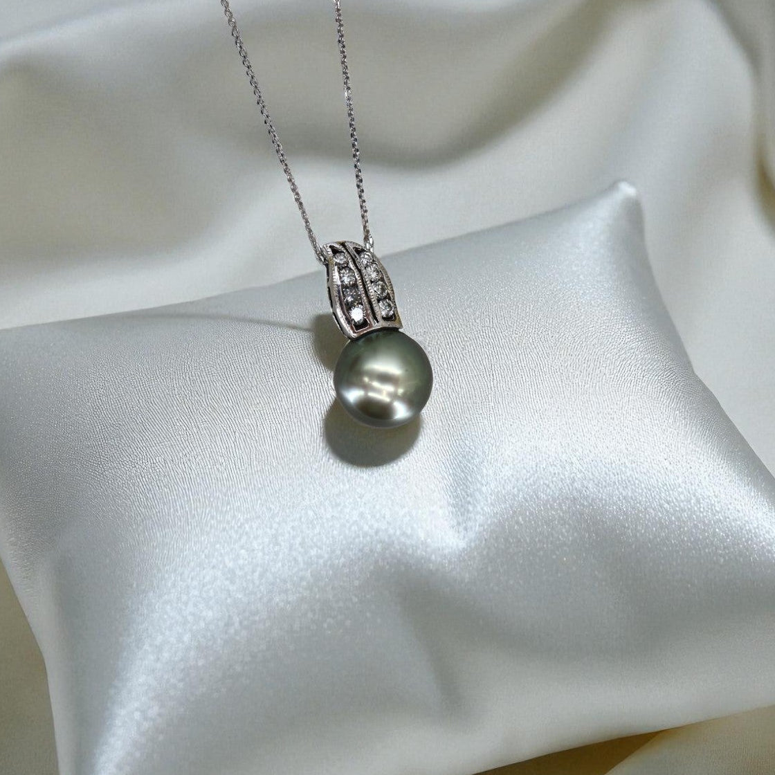 Upcycled Tahitian Pearl and Diamond Pendant Necklace – 14k White Gold Chain with Hidden Bail, Circa Mid-Century - Petra Star