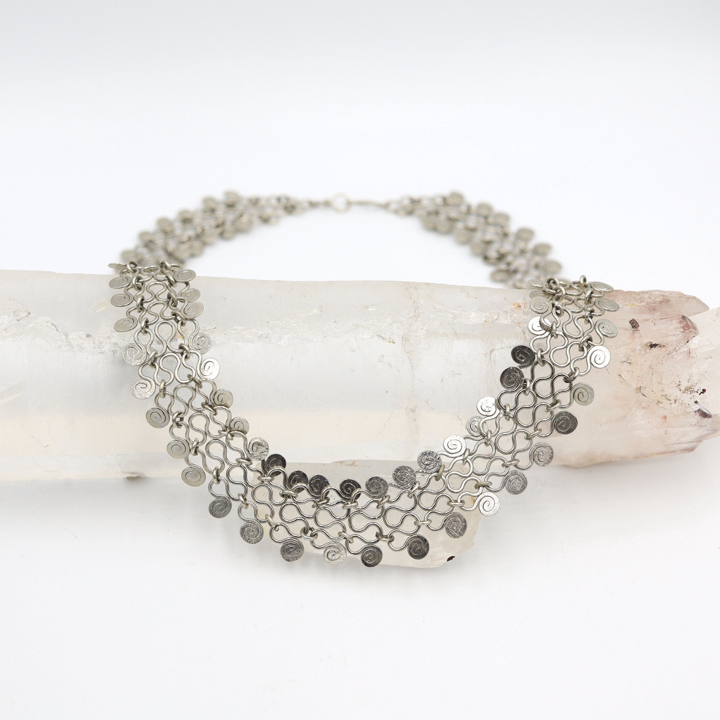 Egyptian-style wide mesh collar necklace with intricate design, crafted by The Vintage Vault, featuring bold, statement jewelry.
