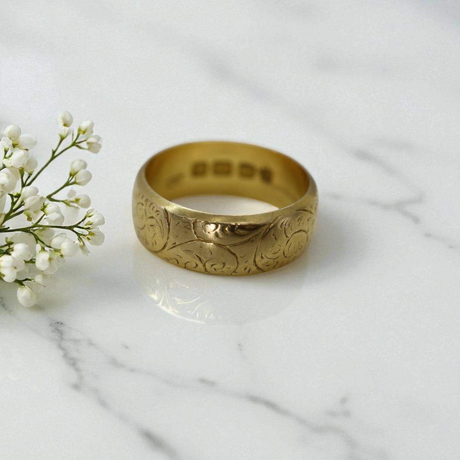 Georgian 18k gold hand-engraved wedding band with Birmingham hallmark, circa 1799, from The Vintage Vault.