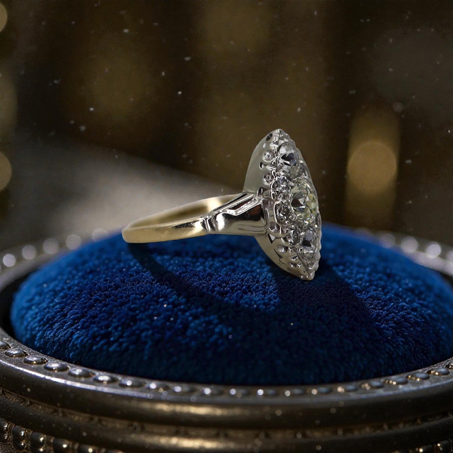 Art Deco diamond engagement ring in 14k white gold with 1.40 carats total weight, featuring intricate vintage design details.