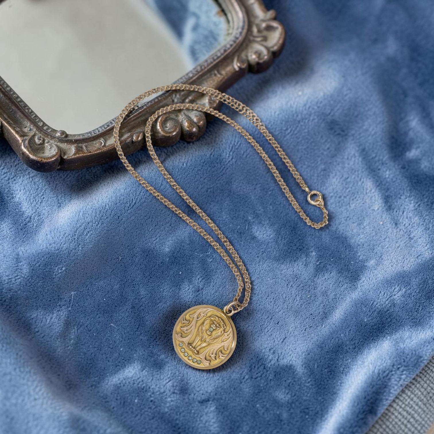 Art Nouveau gold-filled lion pendant locket with paste stones, circa 1905, monogrammed NES, vintage jewelry by The Vintage Vault.