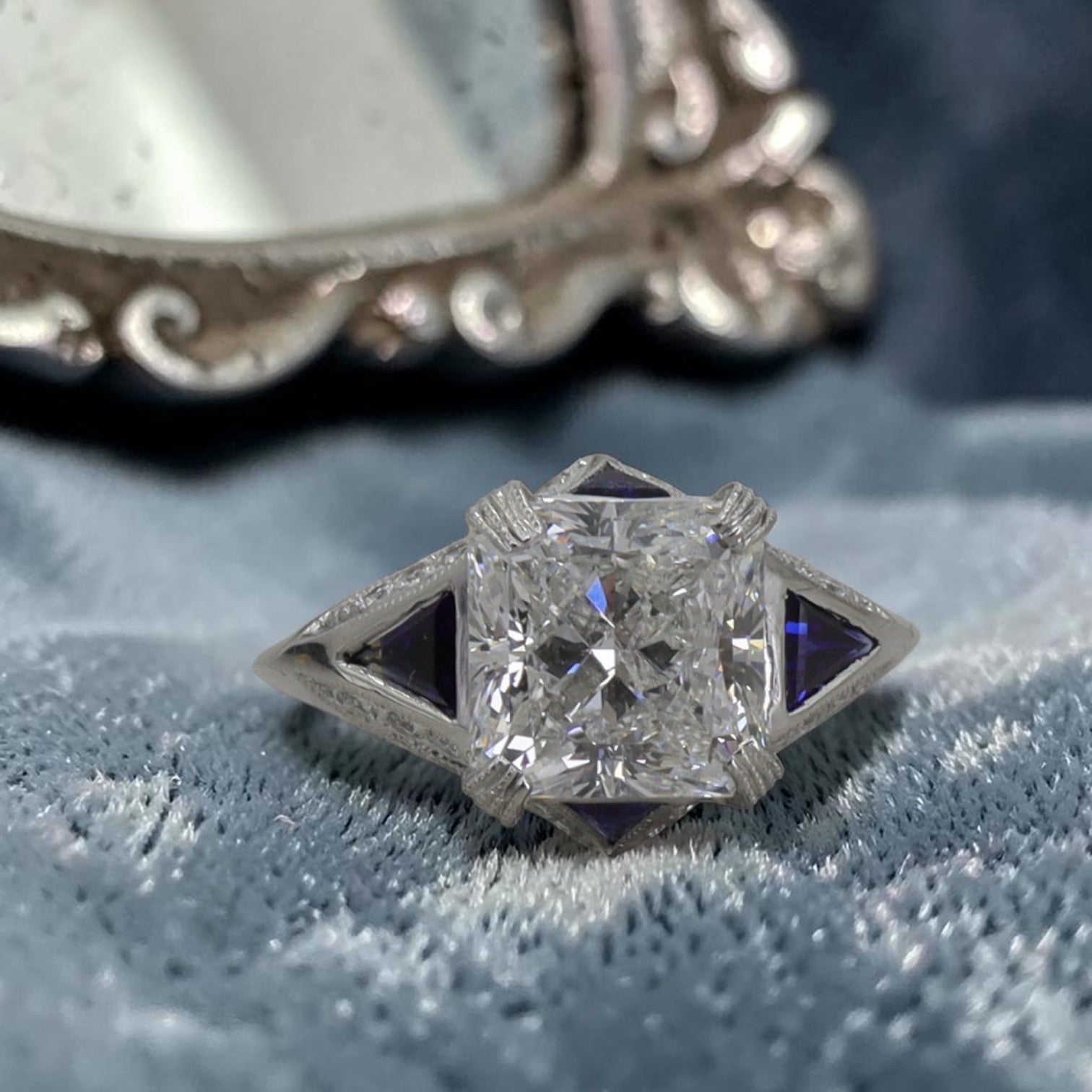 Art Deco platinum engagement ring with sapphire accents and 3.09 ct lab-created radiant cut diamond vintage mounting set