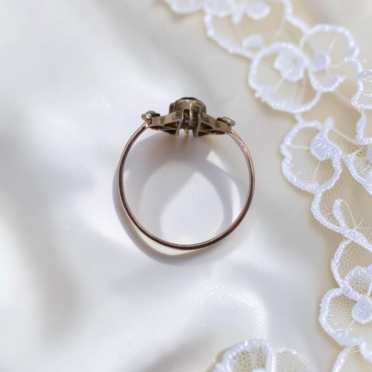 Antique Amethyst & Seed Pearl Navette Ring, Reimagined from a Late Victorian Brooch — 10K Pink Gold, Size 7