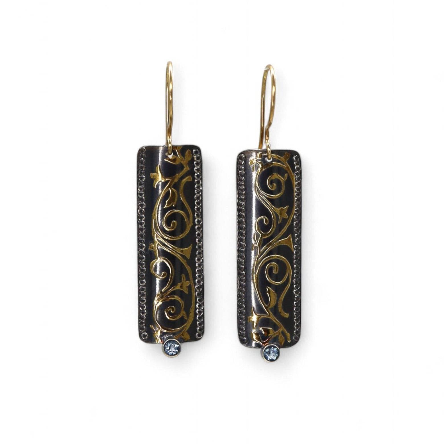 Andrew Zaruba Keum-Boo rectangular vine earrings featuring intricate metalwork and a polished finish on a white background.