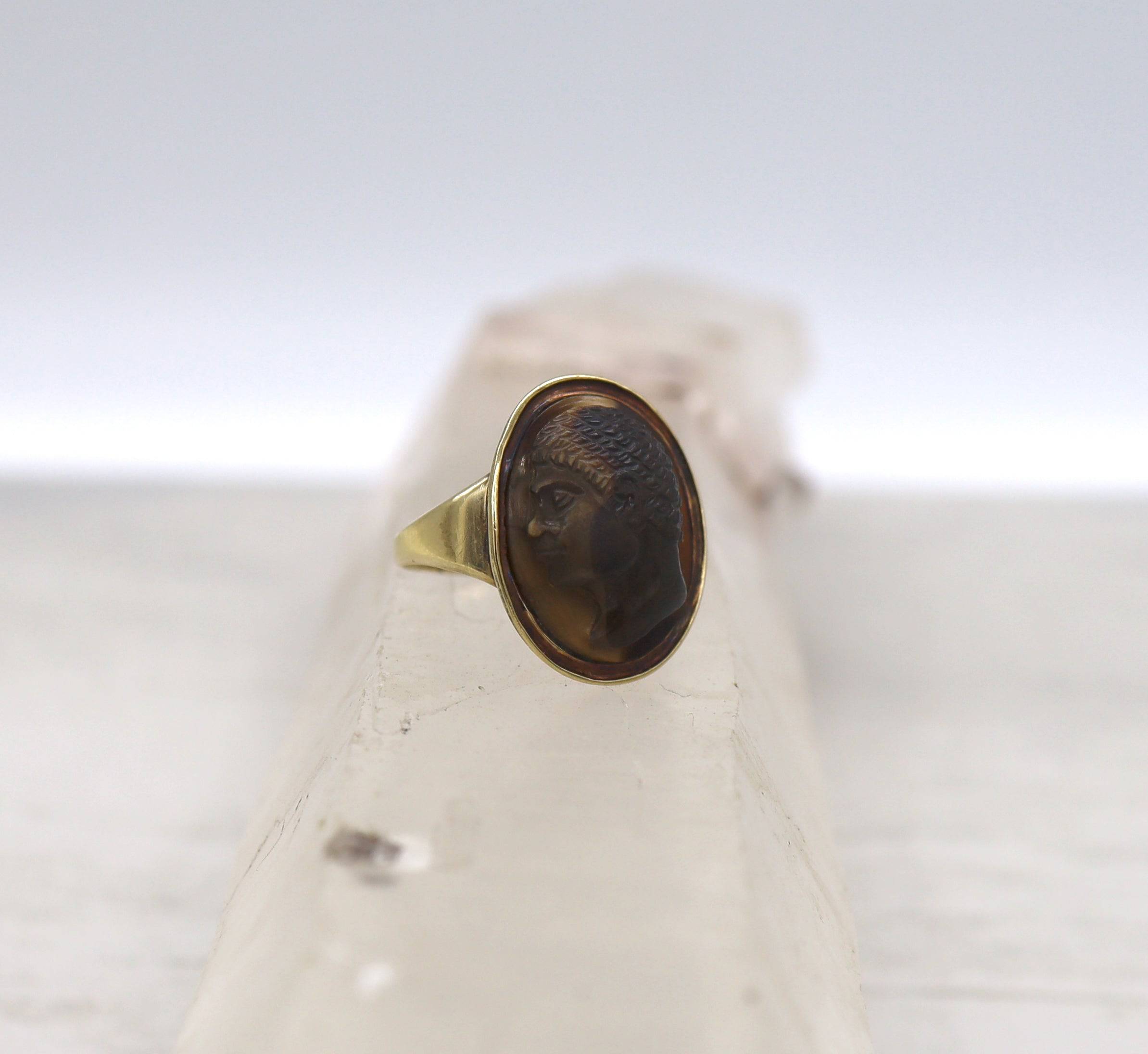 Early Victorian Blackamoor Ring Tiger's Eye Cameo in 14k Gold - Petra Star