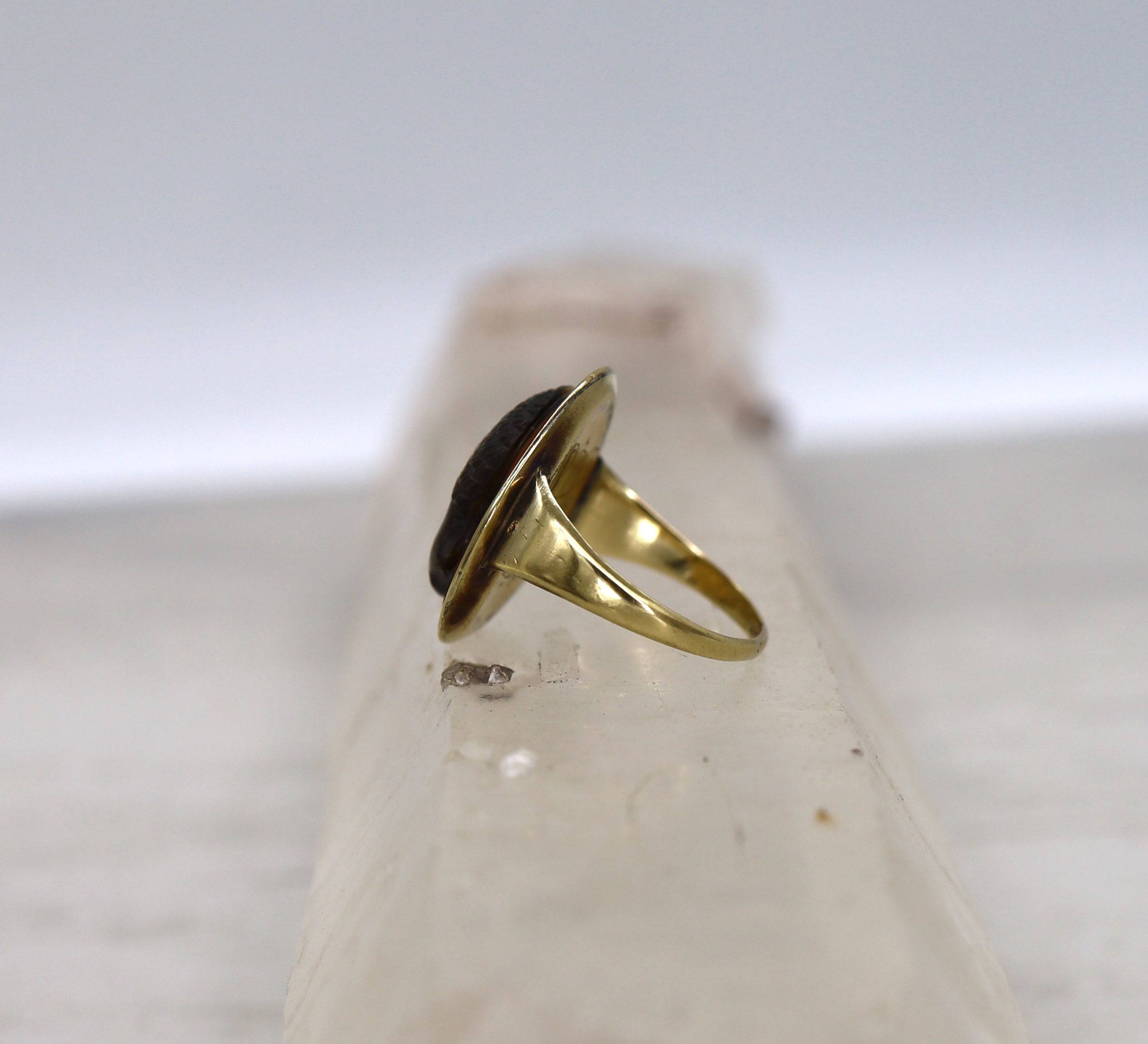 Early Victorian Blackamoor Ring Tiger's Eye Cameo in 14k Gold - Petra Star