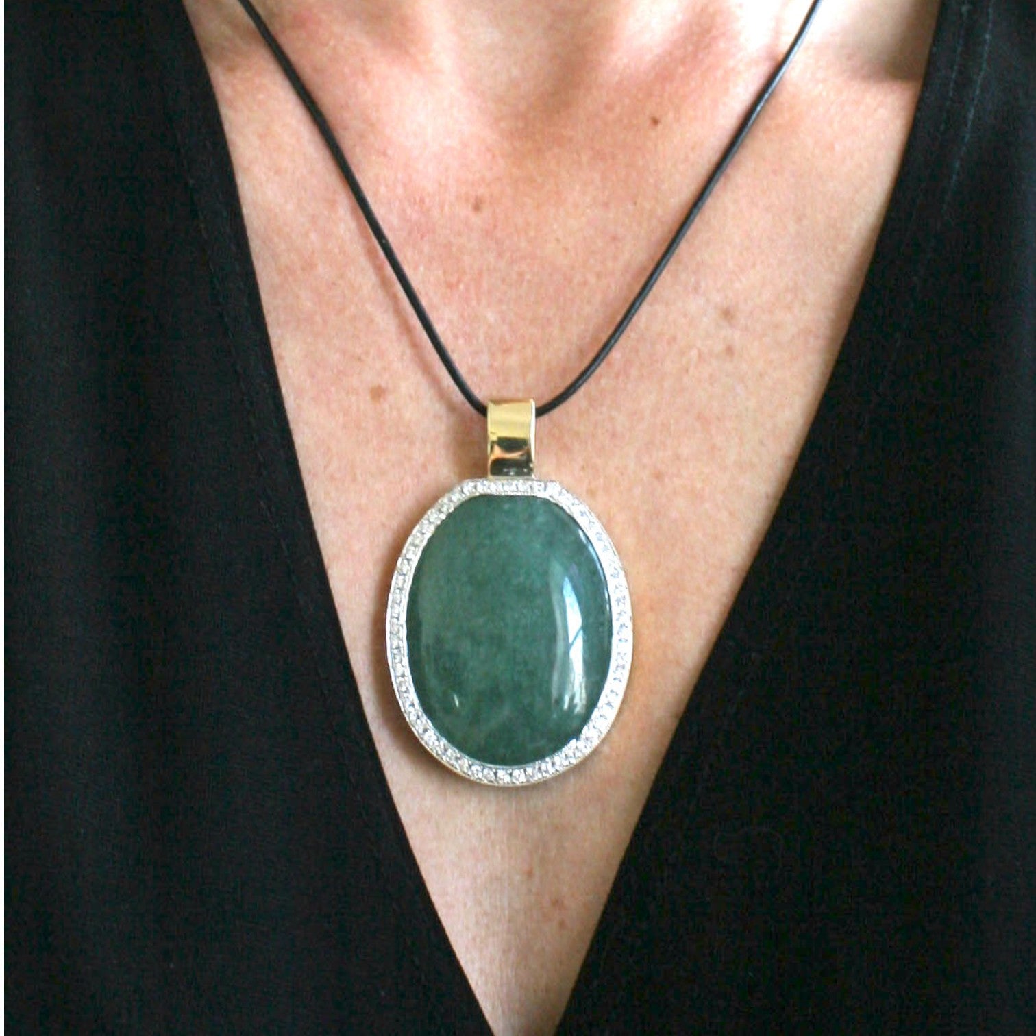 Vintage 1990s Green Beryl & Diamond Halo Pendant | 14k Two-Tone Gold | Petra Star