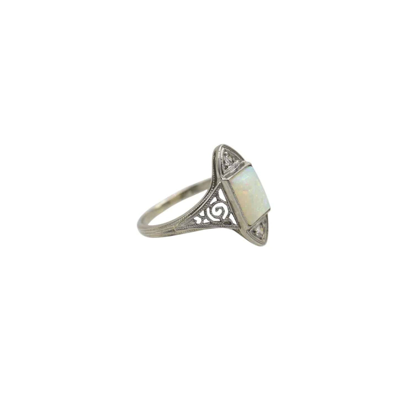Art Deco Ring Opal and Diamond Ring in 18k White Gold - Petra Star