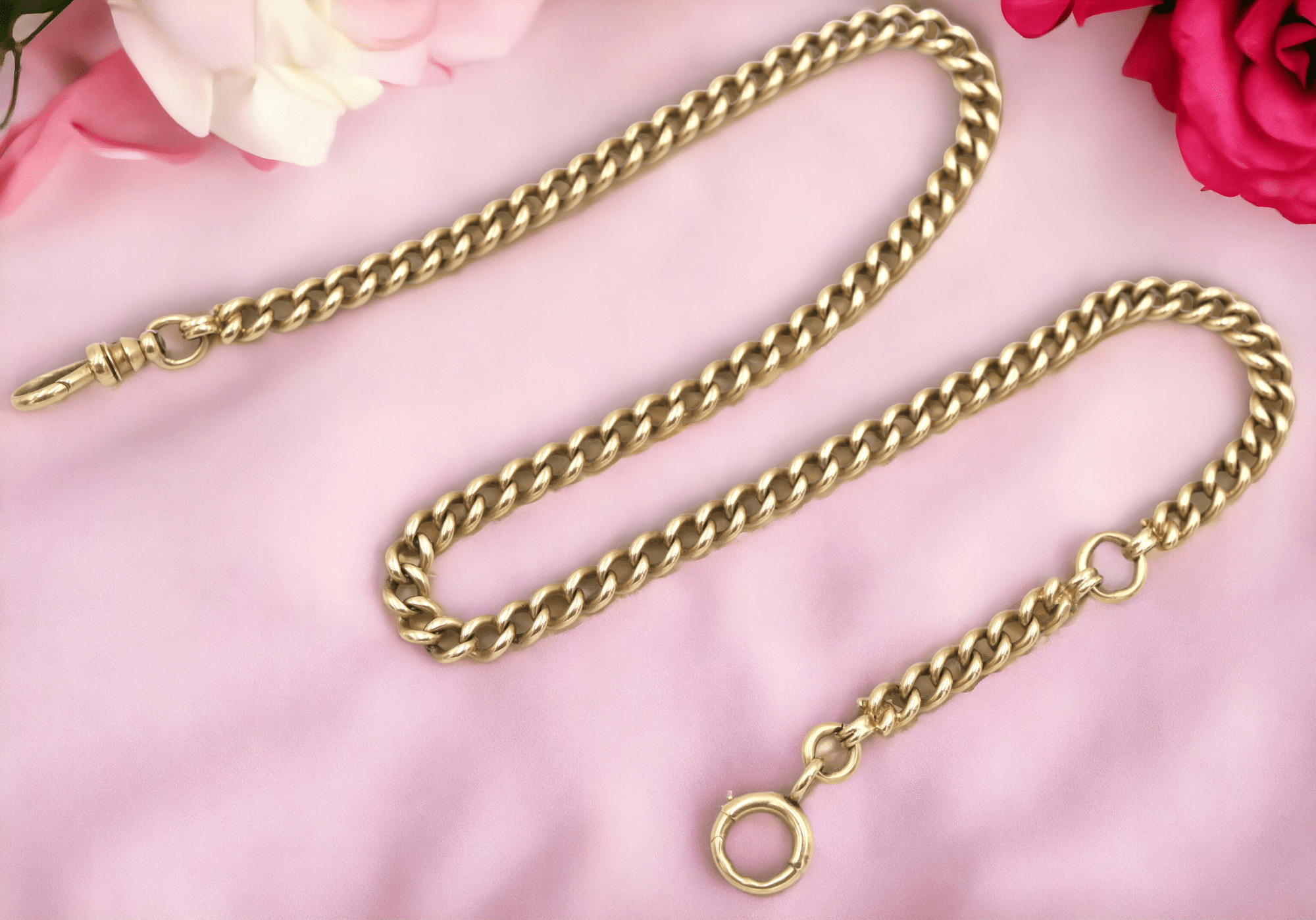 Antique 14k gold curb link chain necklace with 4.8mm links, 16-inch and 13-inch lengths, from The Vintage Vault.