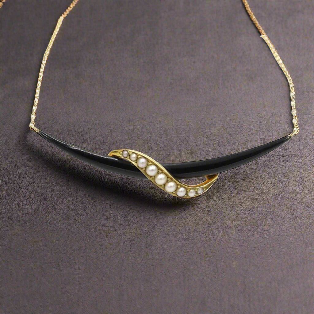 Antique Victorian Large Crescent Moon Pendant with Black Enamel in 14k Yellow Gold - Petra Star