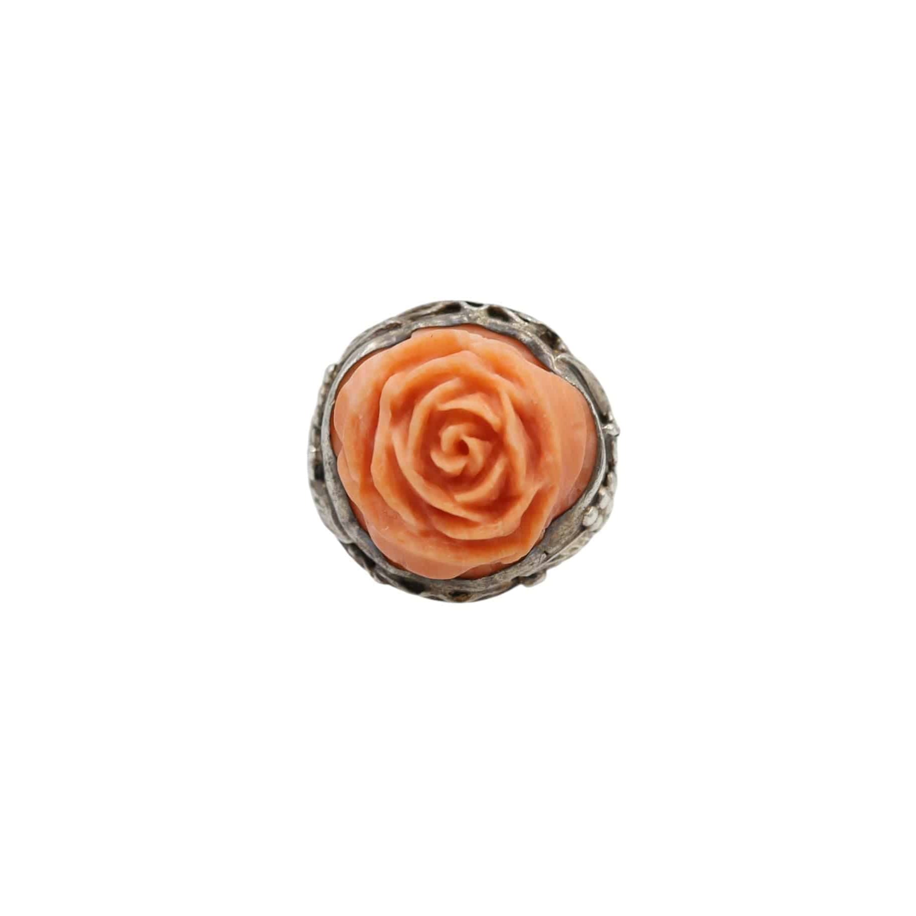 Antique Chinese Carved Coral Ring in Sterling Silver - Petra Star