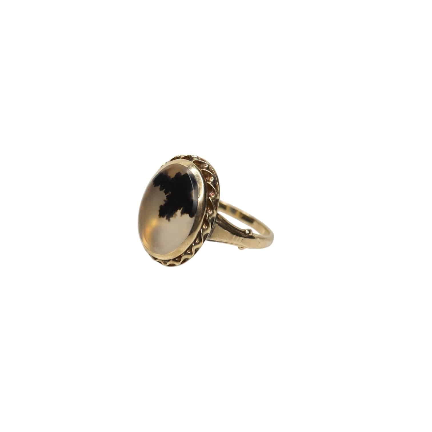 Art Nouveau Dendritic Moss Agate ring with 14k gold band by Ostby & Barton, featuring intricate natural stone pattern.