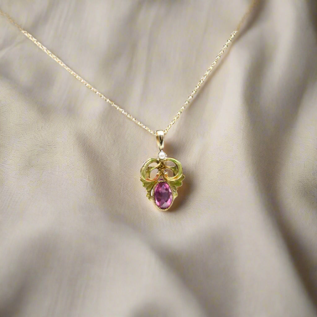 Antique Art Nouveau Pink Sapphire and Enamel Pendant - Petra Star