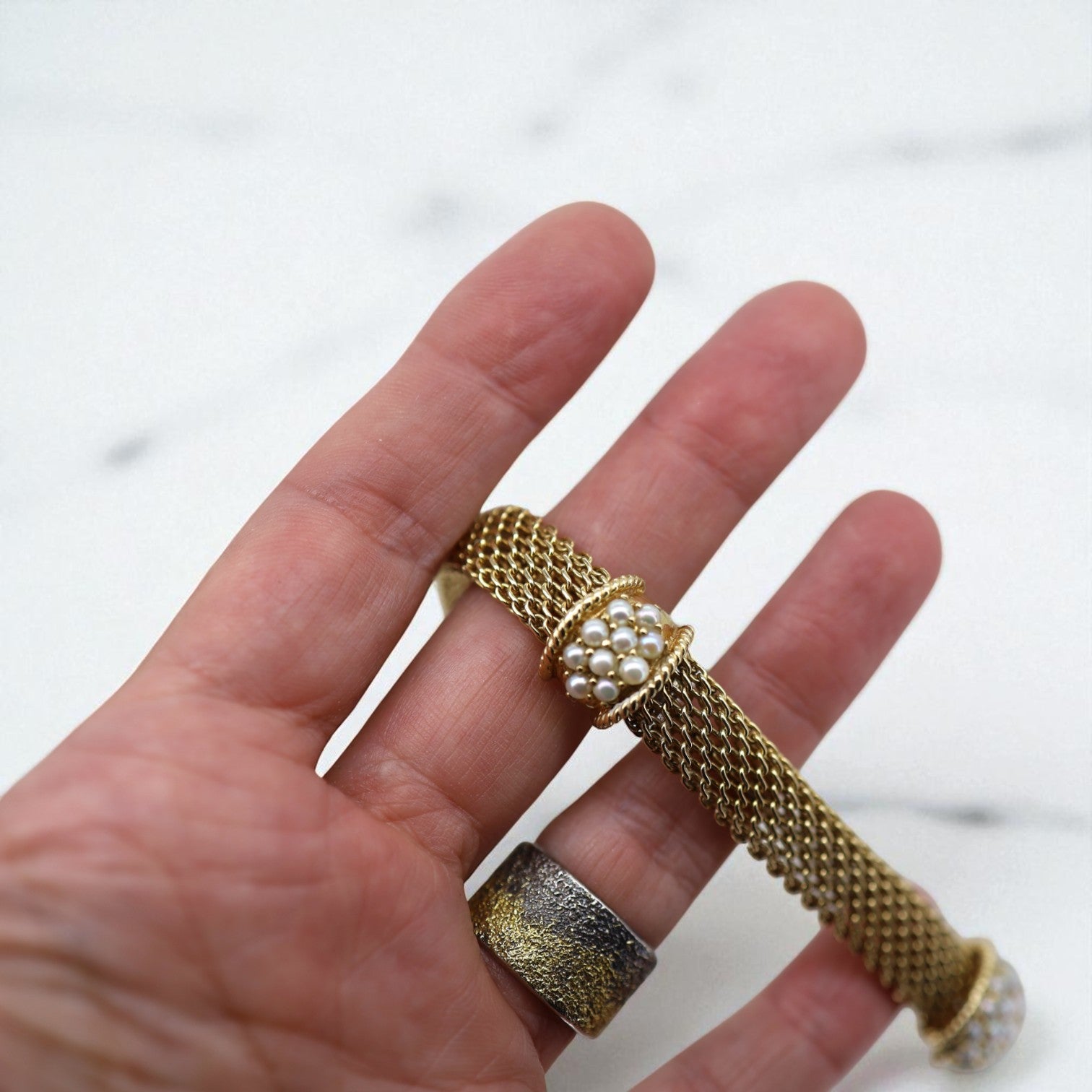 Vintage 14k gold mesh weave bracelet from The Vintage Vault, featuring a detailed, elegant jewelry piece for stylish wear.