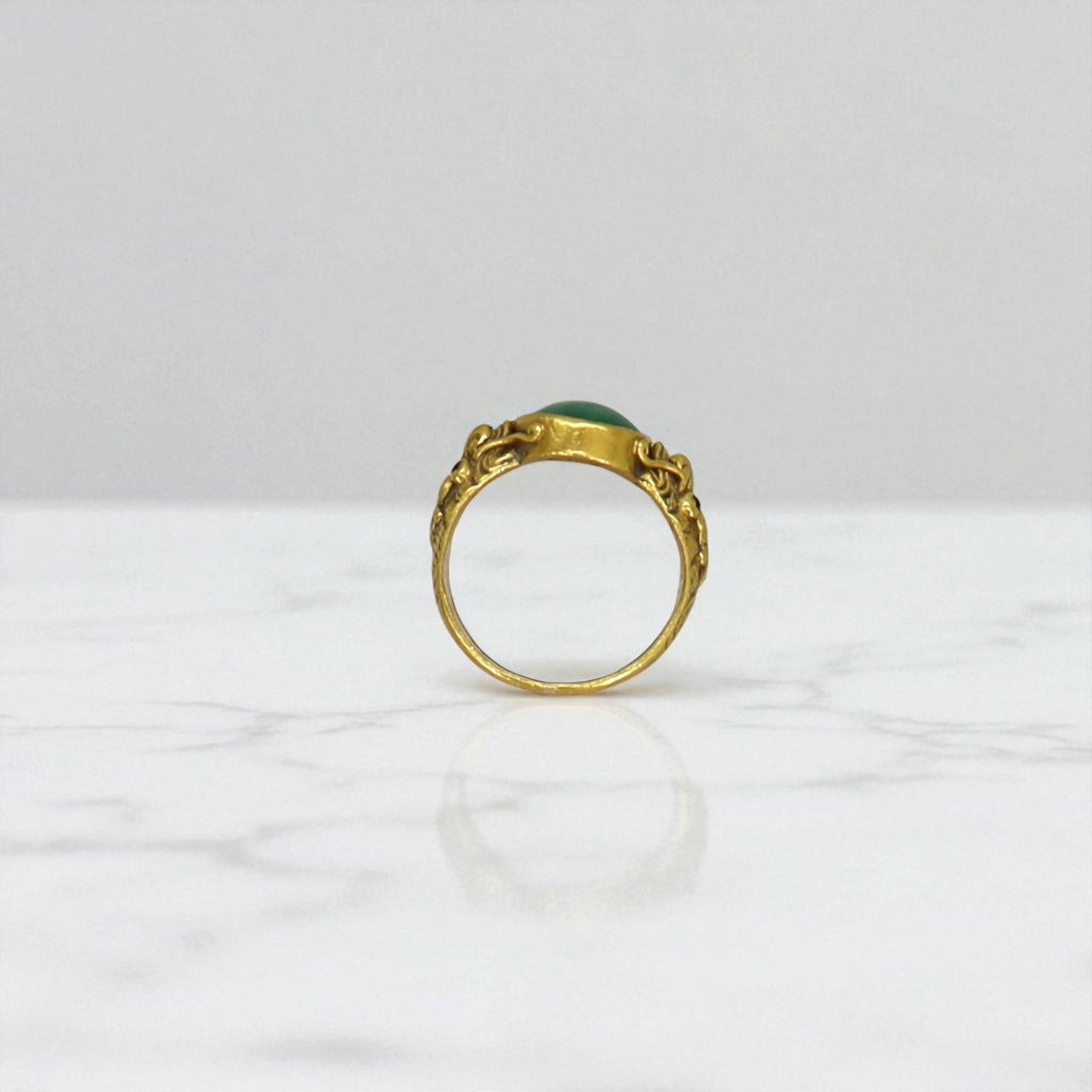 Elegant Art Nouveau Chinese jade ring with 24k gold accents, showcasing intricate design and vibrant green jade stone.