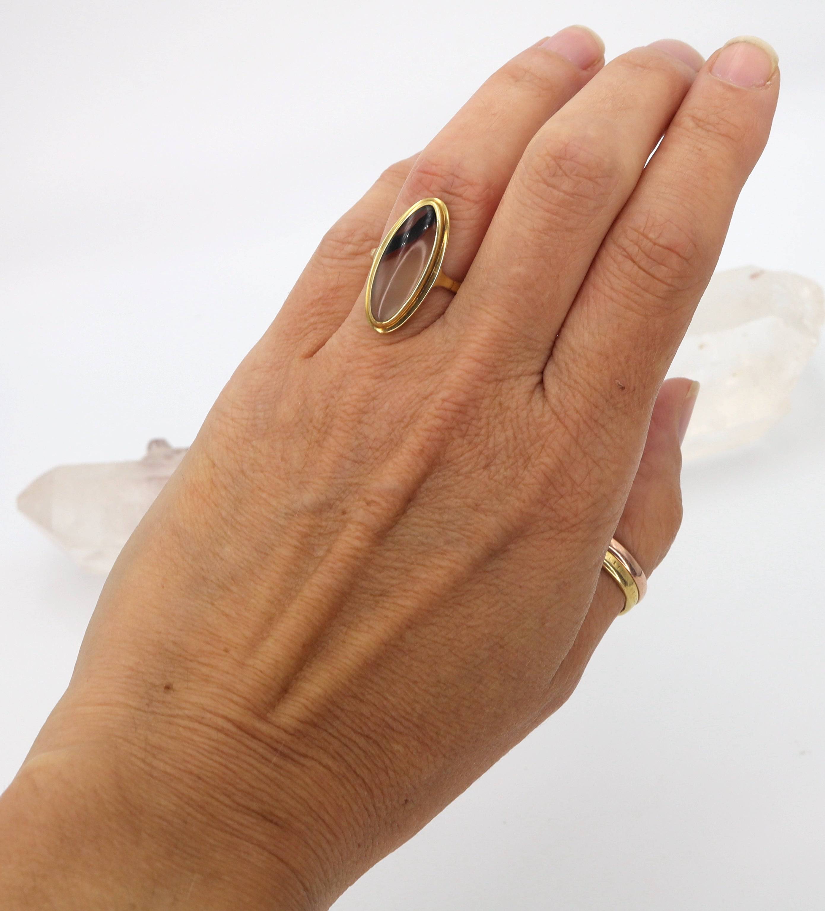 Art Nouveau Dendritic Picture Agate Moss Agate 14k Yellow Gold Ring - Petra Star