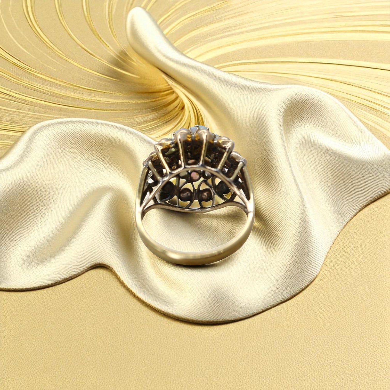 Vintage 1940s white opal cluster harem ring in gold filled, showcasing a statement cocktail jewelry piece with intricate design.