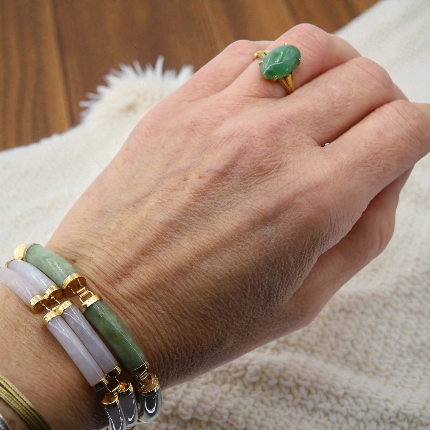 Lavender Jade Mid‑Century 14k Gold Double Row Bracelet 7.5 Inch