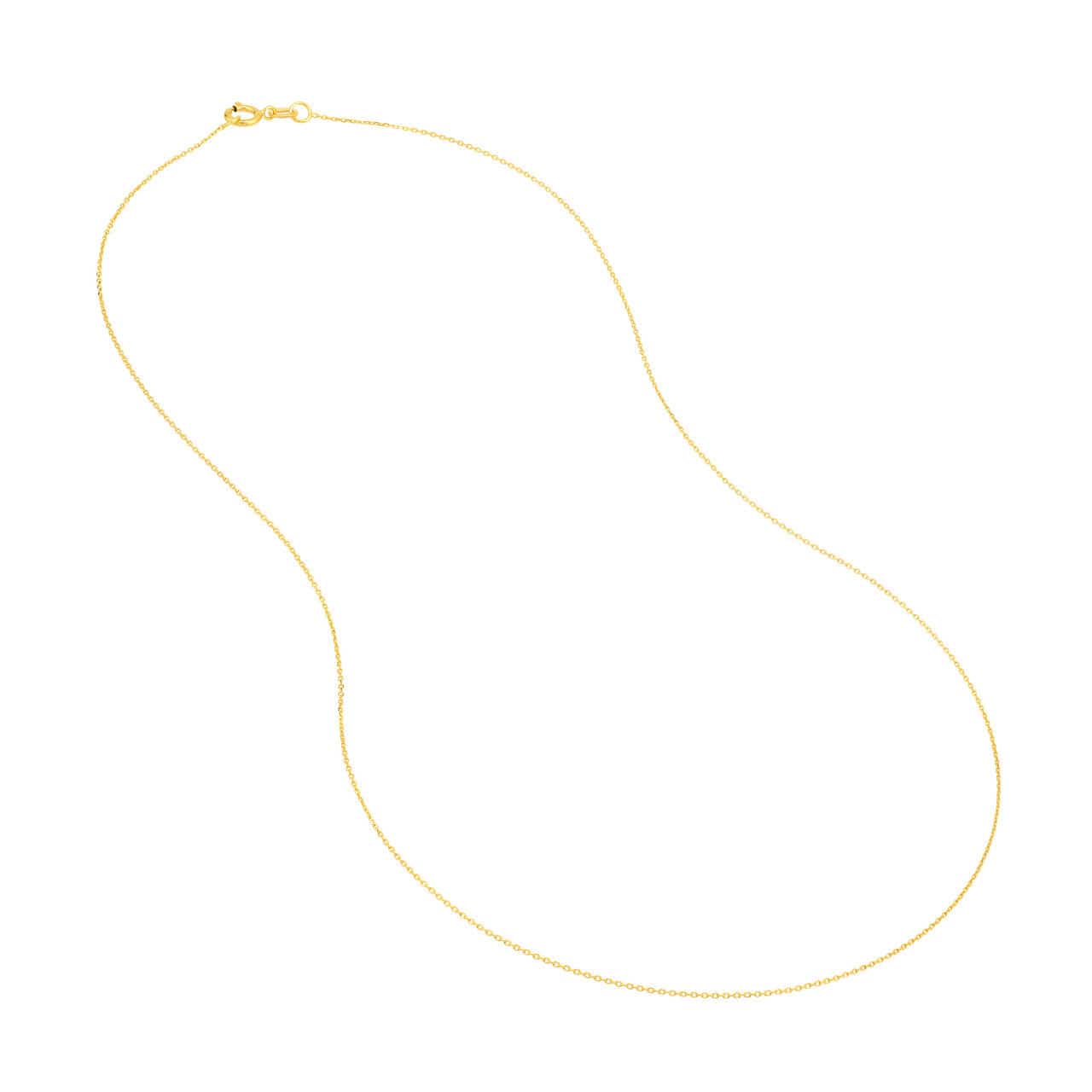 14k gold cable chain, 0.65 mm thickness, showcasing a delicate, shiny jewelry chain from Midas in the image.