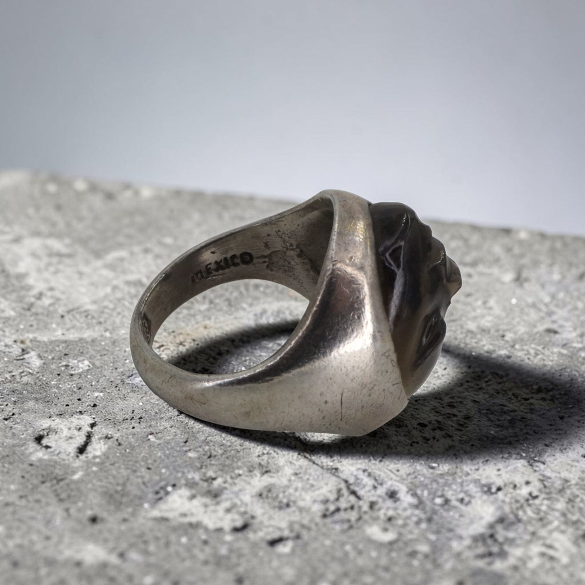 Vintage 1970s Mexican Sterling Silver Smoky Quartz Carved Face Ring — Size 9