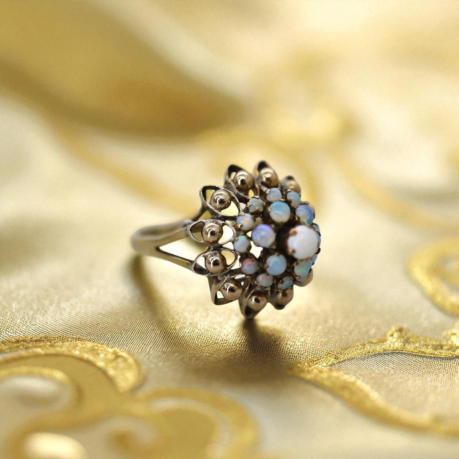 Vintage 1940s white opal cluster harem ring in gold-filled statement cocktail jewelry style, featuring intricate design details.
