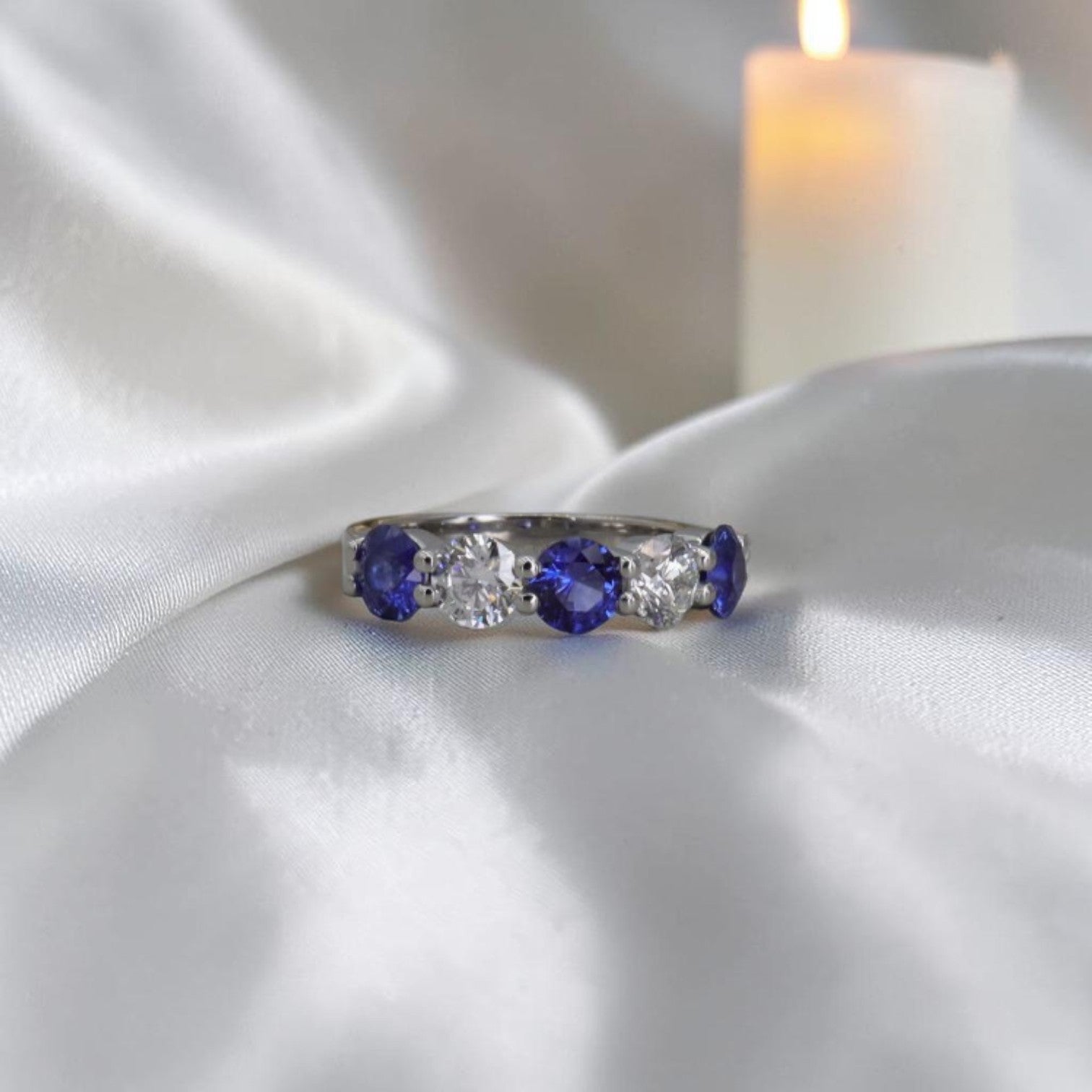 Sapphire & Diamond Five Stone Band | 1.60ctw Blue Sapphires, 0.90ctw F/VS Diamonds | Custom Shared Prong | Petra Star