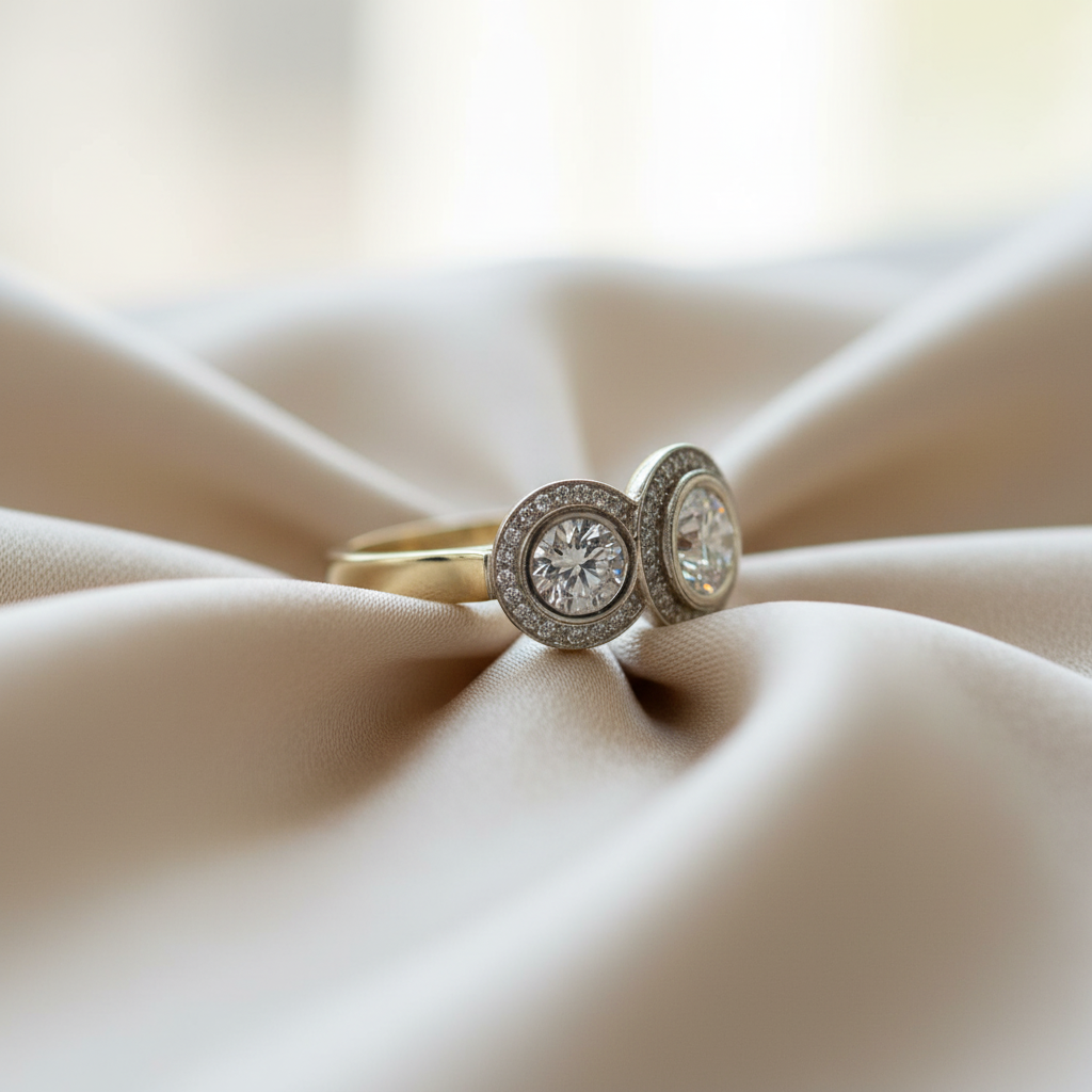 GIA-certified round brilliant-cut diamonds set in a PS engagement three-stone ring, showcased in a detailed close-up image.