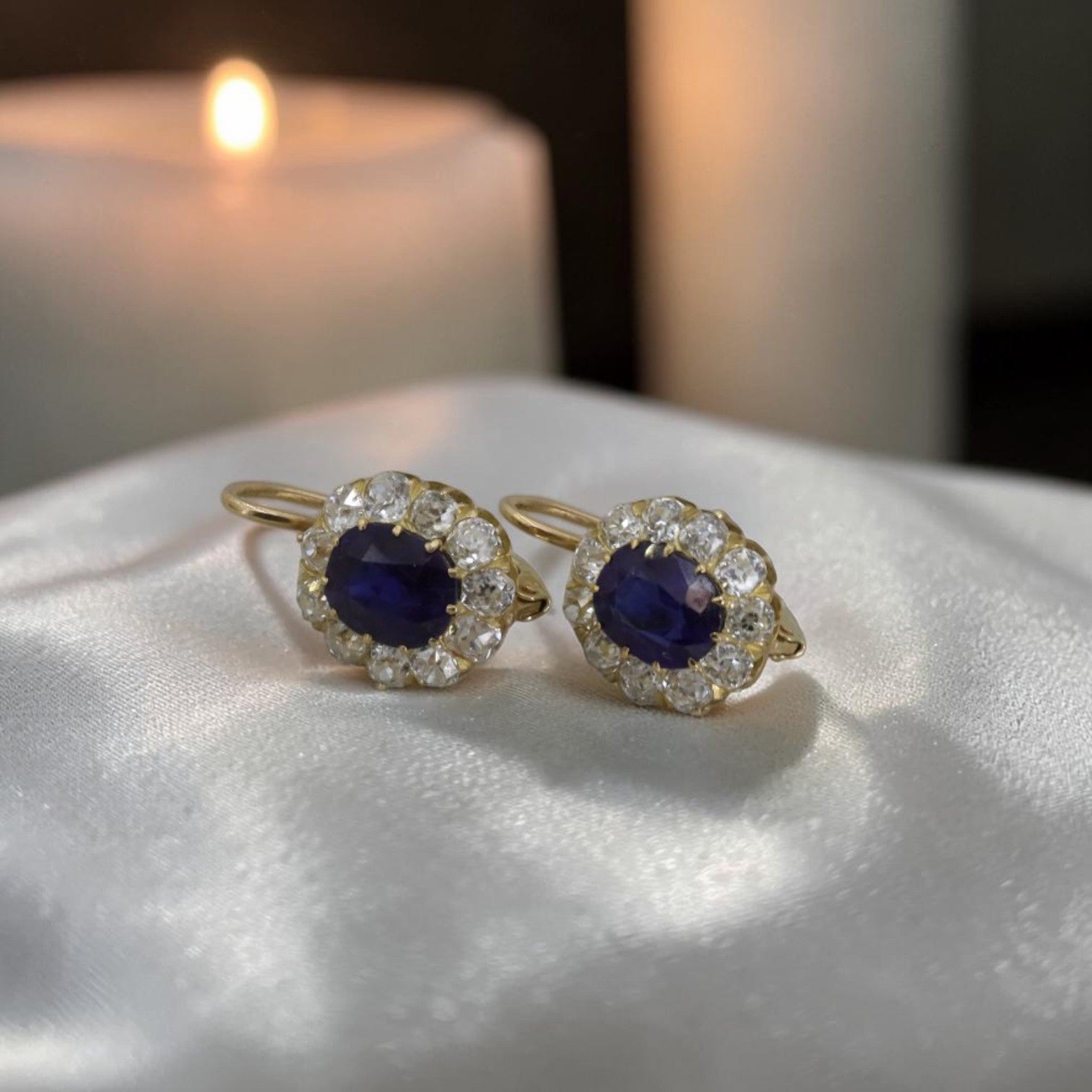 Victorian-Inspired 14K Yellow Gold Sapphire & Diamond Halo Drop Earrings — Antique Gemstones, Princess Diana Design