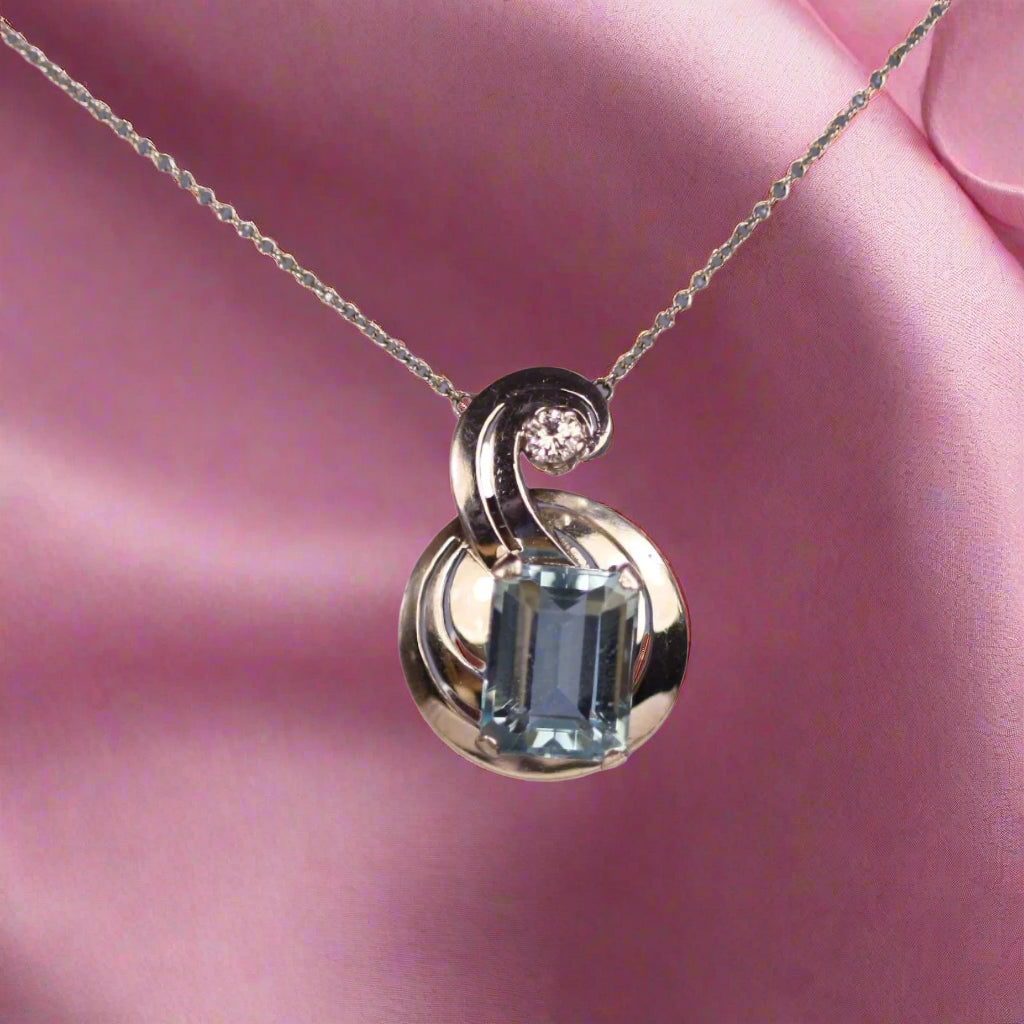 Asymmetrical Retro Aquamarine and Diamond Pendant in 14k White Gold - Petra Star