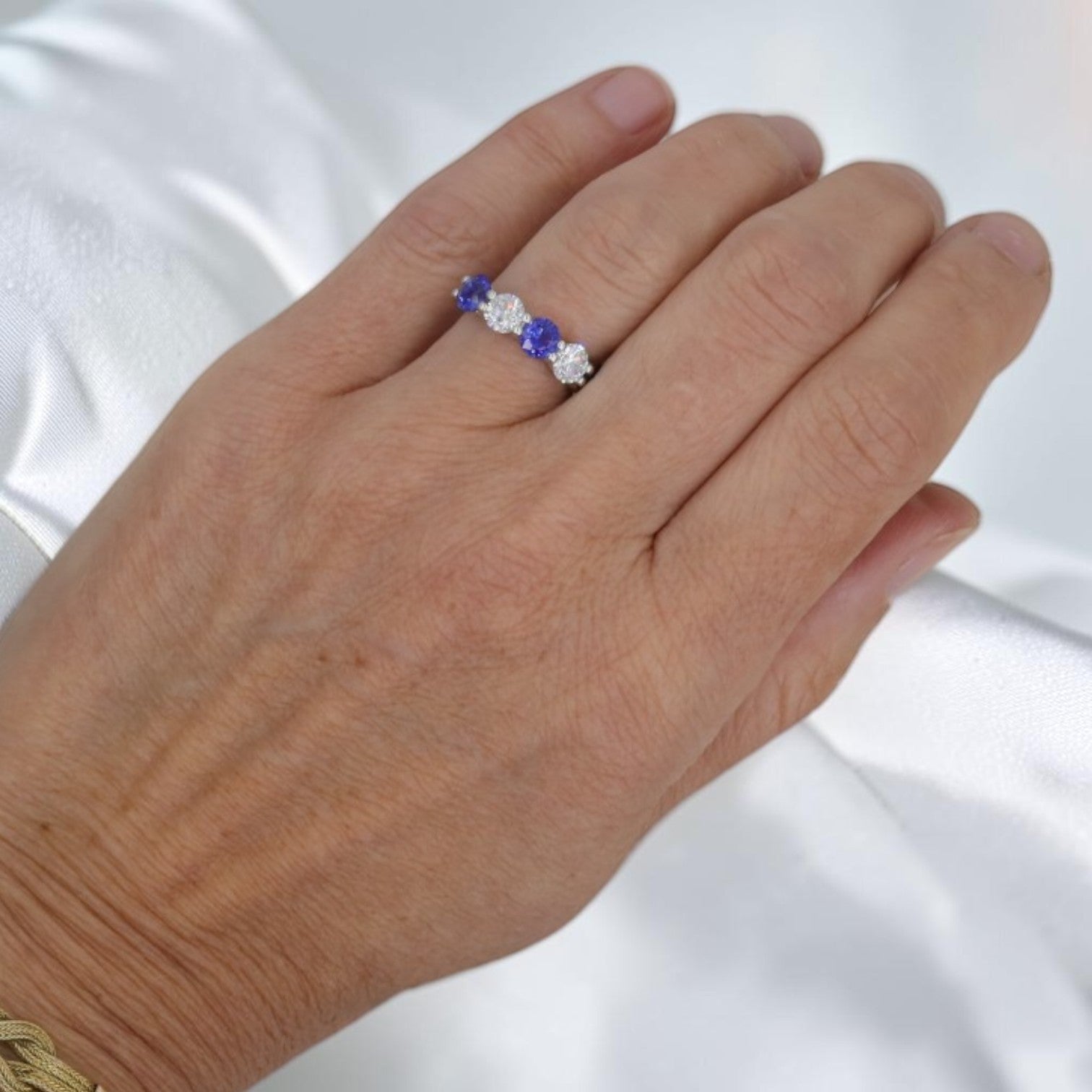 Sapphire & Diamond Five Stone Band | 1.60ctw Blue Sapphires, 0.90ctw F/VS Diamonds | Custom Shared Prong | Petra Star