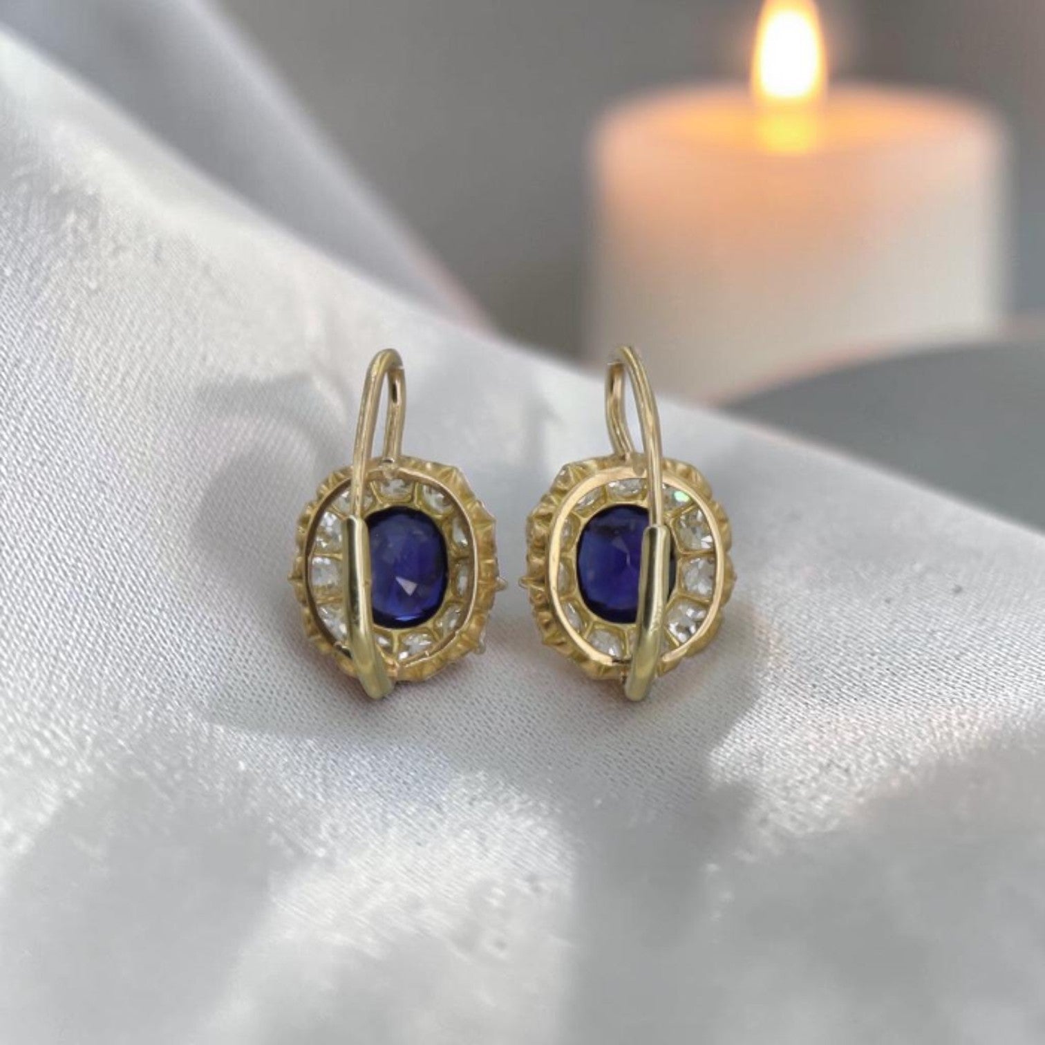 Victorian-Inspired 14K Yellow Gold Sapphire & Diamond Halo Drop Earrings — Antique Gemstones, Princess Diana Design