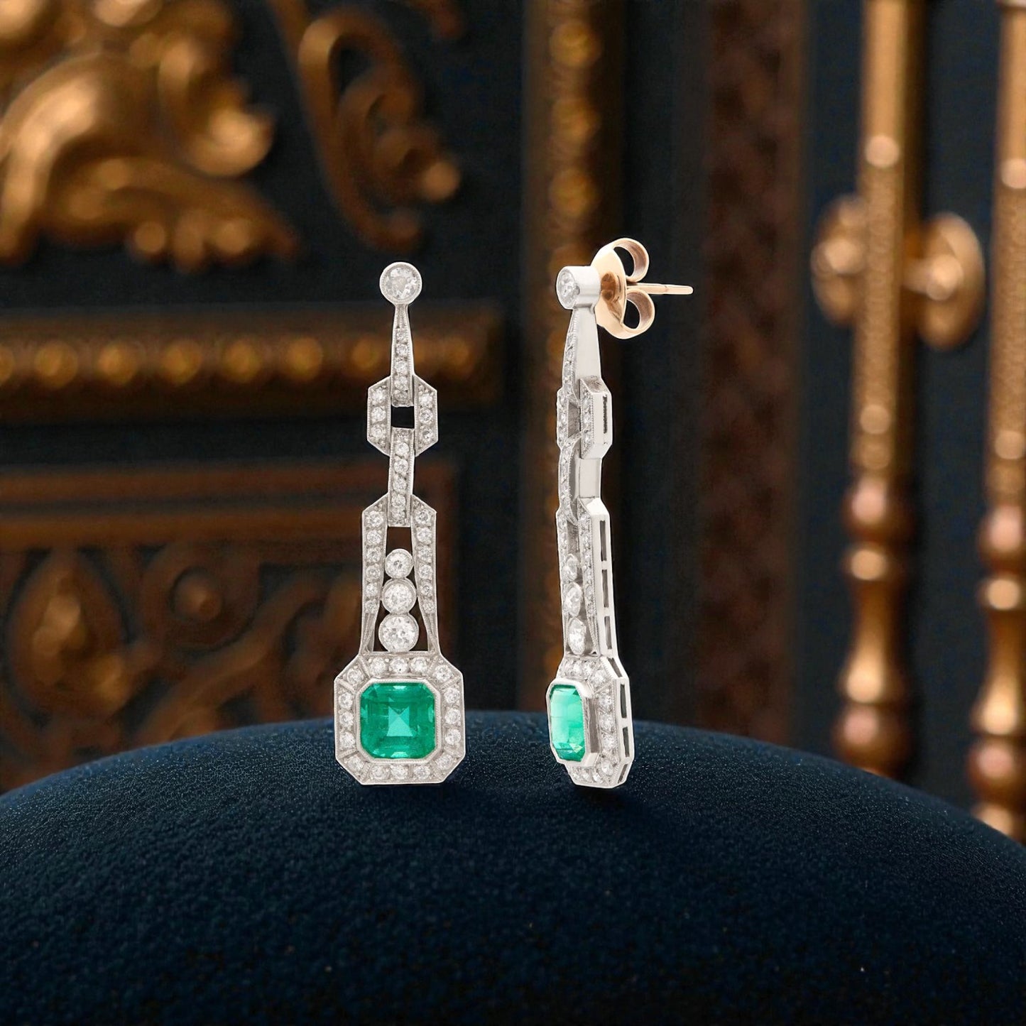 Platinum Art Deco-Style Emerald-Cut Emerald & Diamond Drop Earrings (3.65ct Emeralds, 2.30ct Diamonds)