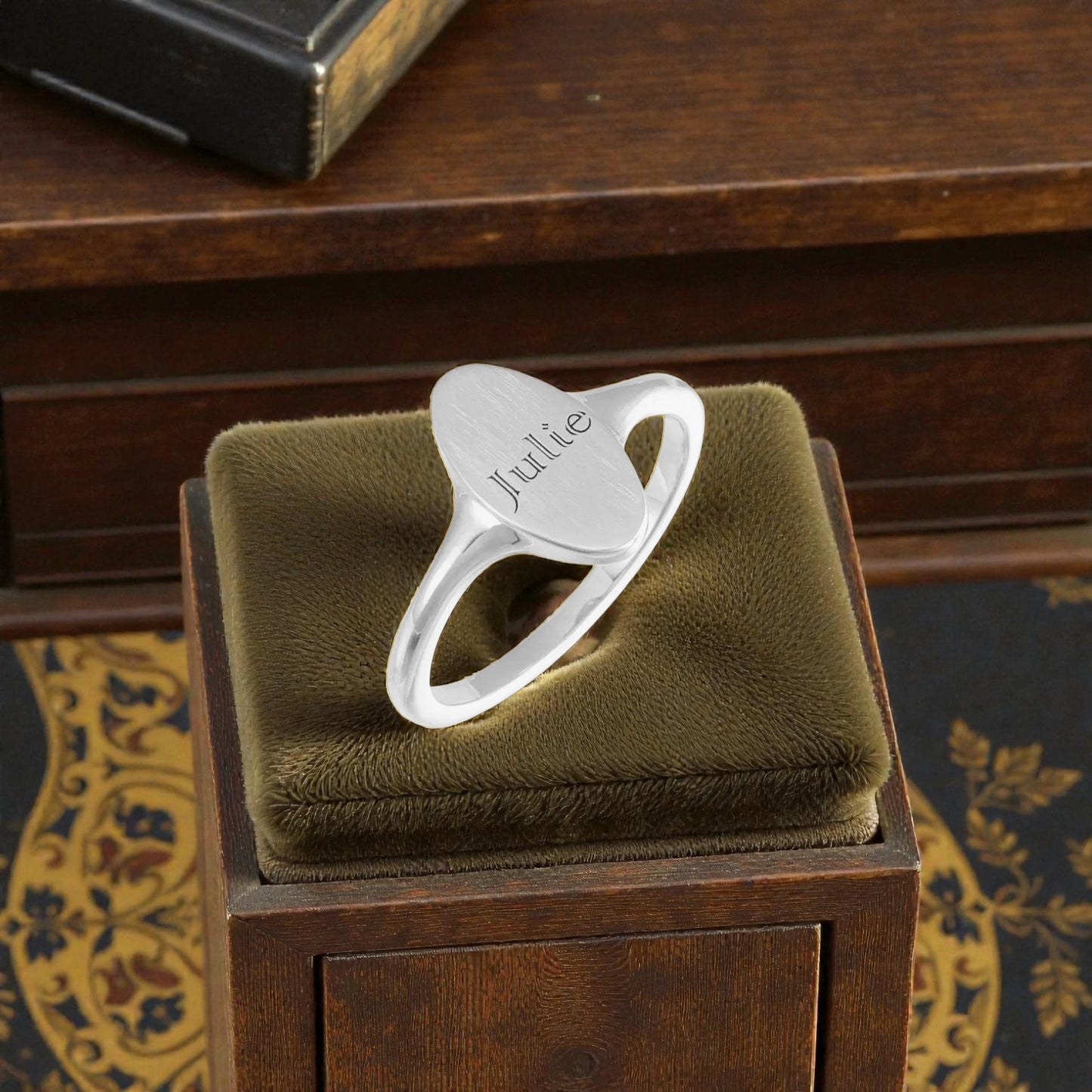 Silver Elongated Oval Signet Ring with Brush Finish