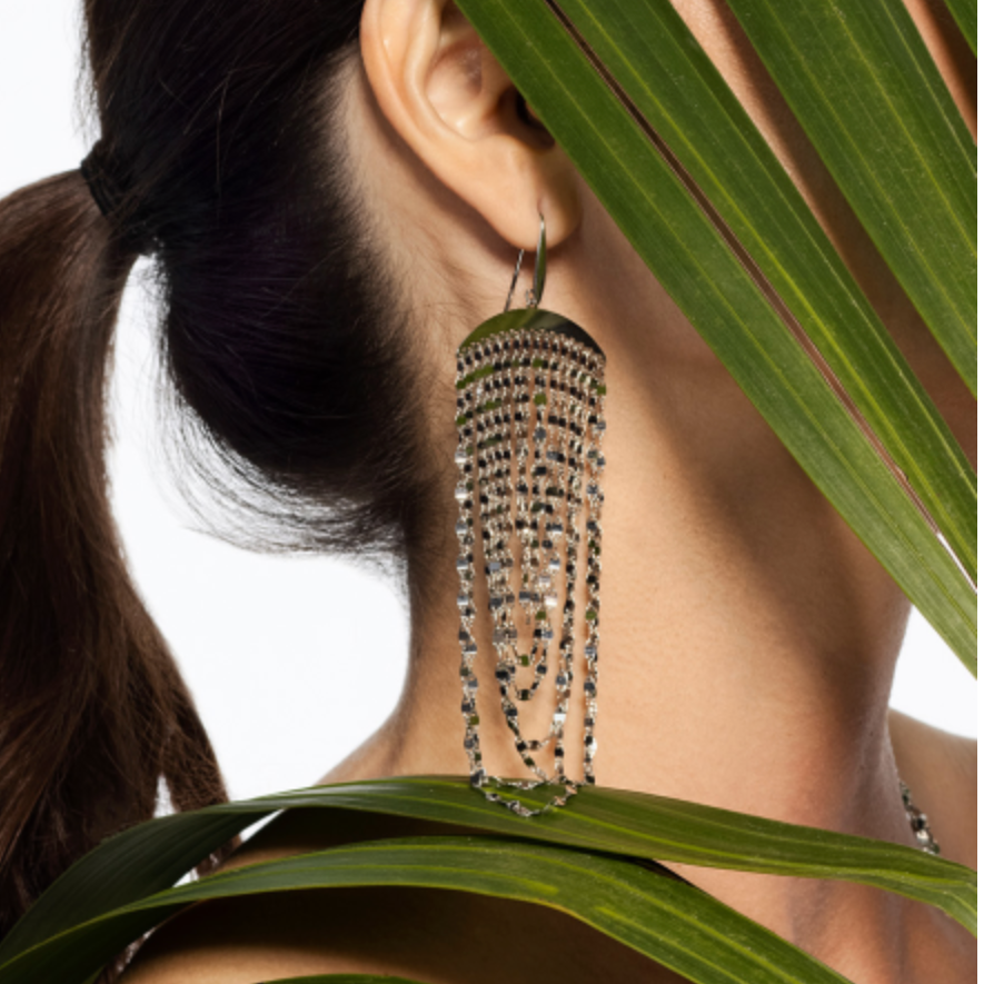 Silver chandelier earrings from Royal Chain featuring intricate design and elegant, dangling style for sophisticated jewelry looks.