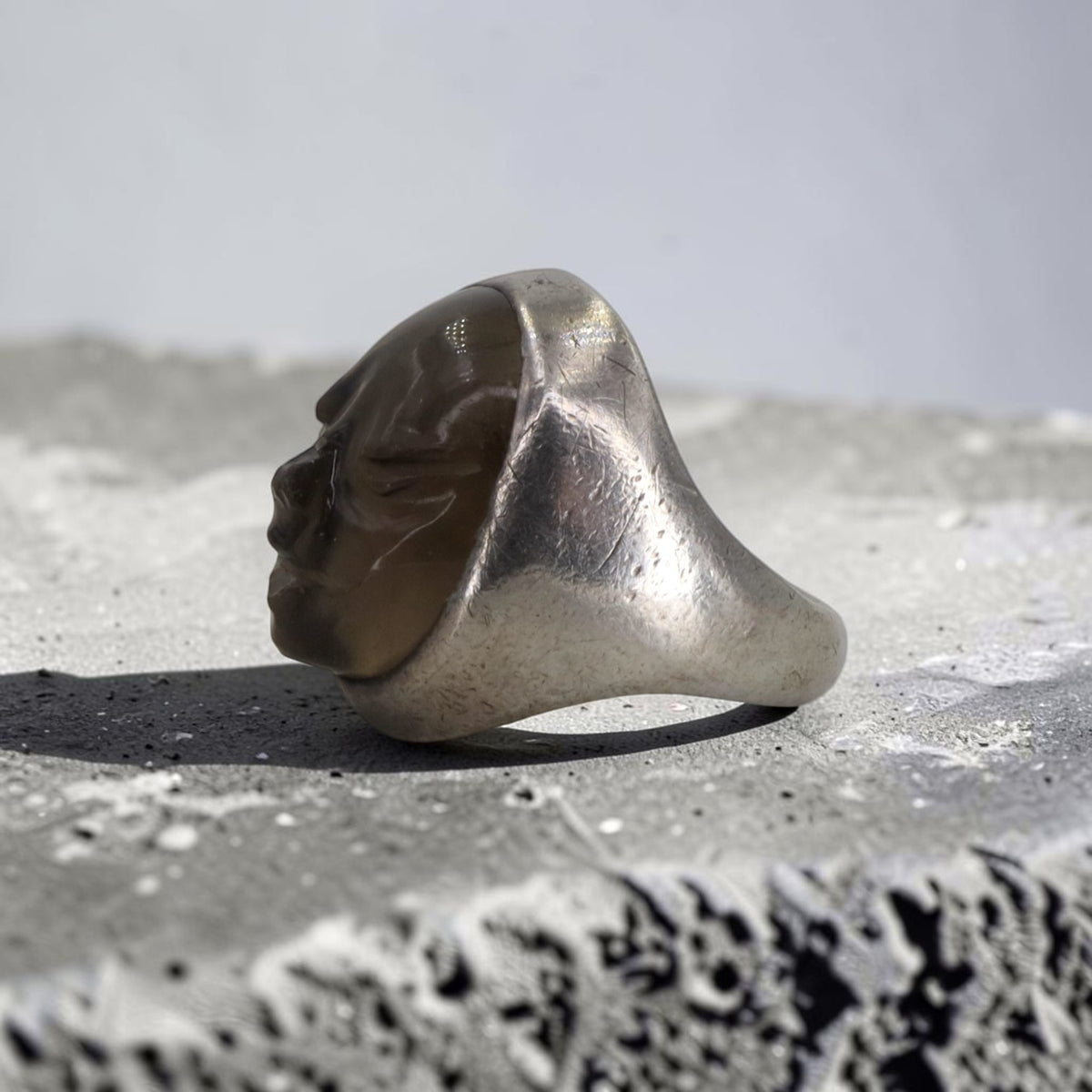 Vintage 1970s Mexican Sterling Silver Smoky Quartz Carved Face Ring — Size 9