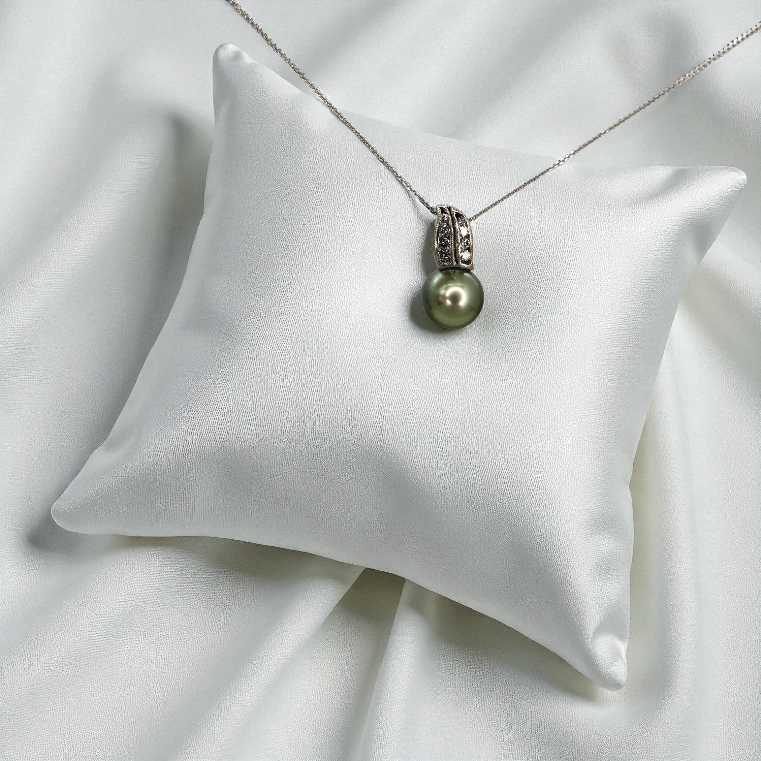 Upcycled Tahitian pearl and diamond pendant necklace on 14k white gold chain with hidden bail, elegant jewelry by The Vintage Vault