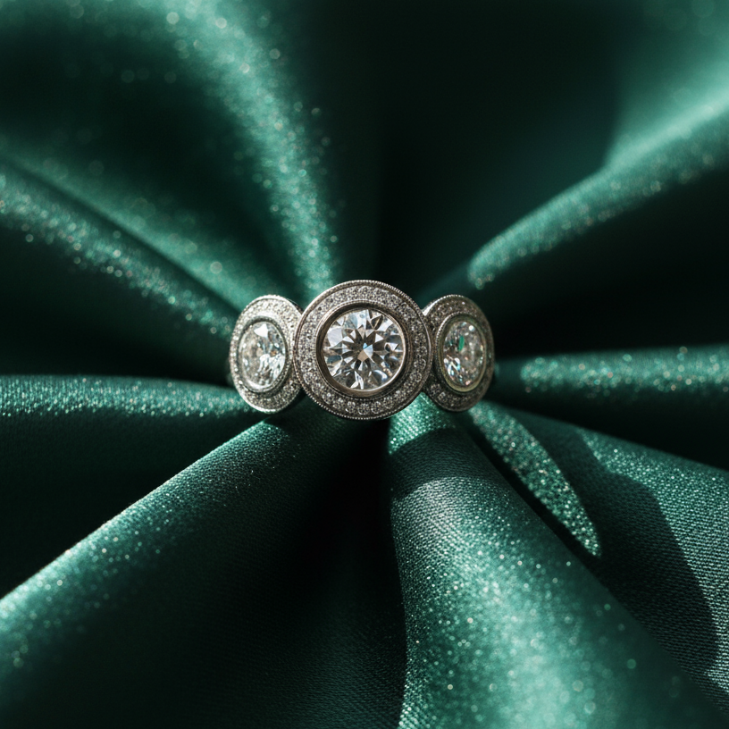 GIA-certified round brilliant-cut diamond three-stone engagement ring with a halo design by PS.